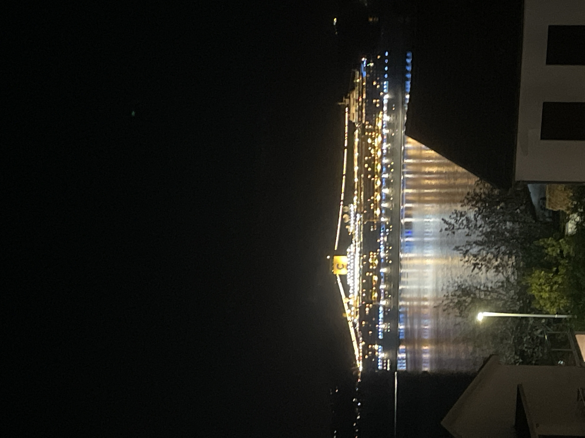 Night scene showing a body of water, likely the Bay of Kotor, with bright reflections from a lit-up structure, possibly a ship or building. The structure has multiple levels and prominent golden lights. The right side of the image includes trees and a building with illuminated windows. The location is likely Bijela, Montenegro, given the context of the scene and the water body. A lone green dot of light is also present in the sky. A streetlight also present on the right side.