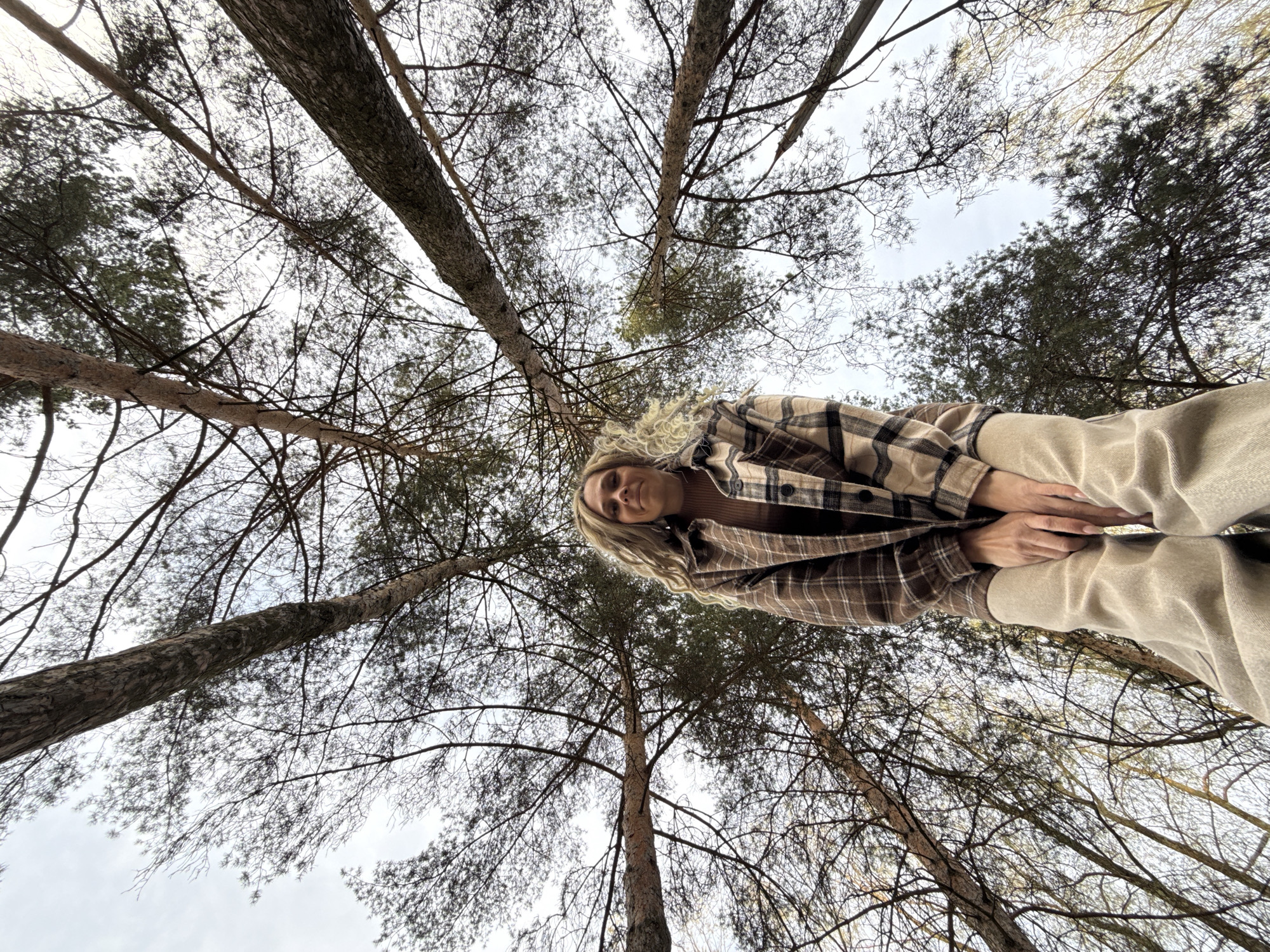 The image shows a person standing in a forest, looking up at tall trees. The person is wearing a brown plaid shirt and beige pants. The trees are bare, with many branches reaching up towards the sky. The sky is cloudy. The location is Rusanovo, Russia.