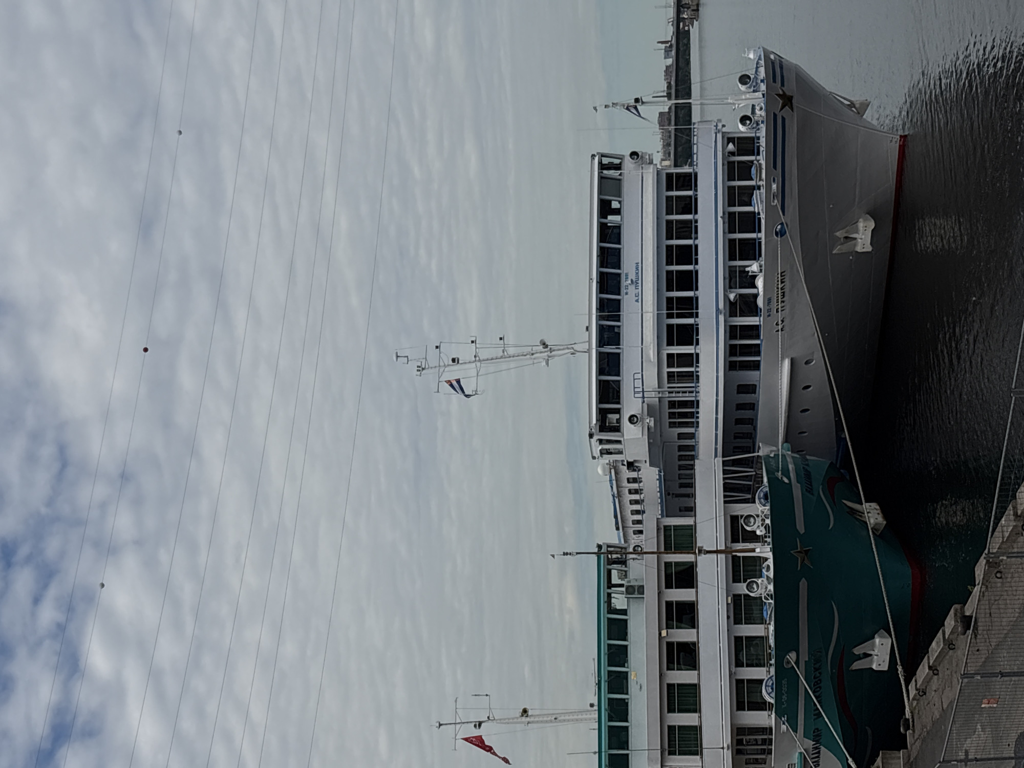 Two passenger ships are docked side-by-side in the Neva River in Saint Petersburg, Russia. The ship on the right is white and bears the name "А.С. ПУШКИН" (A.S. Pushkin) on its bow and superstructure. It has multiple decks with rows of windows. The ship on the left is teal and green with a star emblem on its bow. Its name is partially visible as "ЛАДИМИР МАЯКОВСКИЙ" (Vladimir Mayakovsky). Both ships appear to be stationary and docked at a pier, indicated by ropes and bollards visible in the foreground. The sky is overcast with a cloudy, gray appearance. Several power lines crisscross the upper portion of the image, with small spherical markers attached to them. The background shows a hazy cityscape with industrial structures and a bridge. The water of the river is visible between the ships and around the pier. No people are clearly visible in the image.