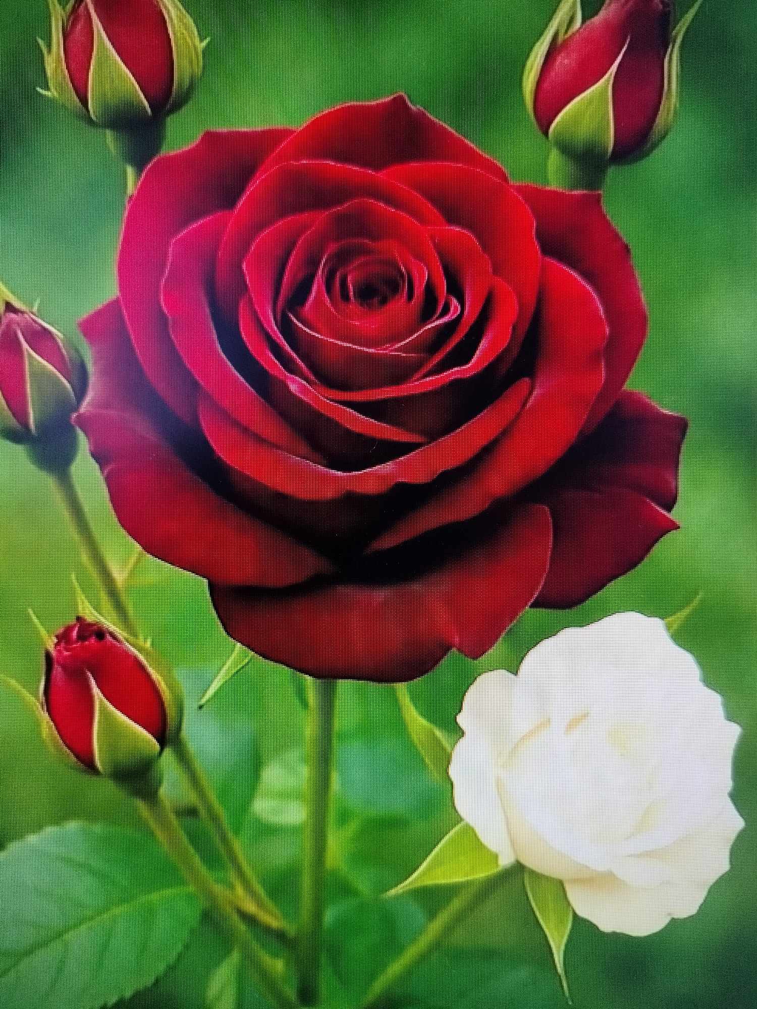 The image is a close-up, slightly pixelated photograph of several roses against a blurred green background. The main subject is a large, deep red rose in full bloom, positioned centrally and dominating the frame. Its petals are tightly curled and layered, displaying a rich, velvety texture. To the left and upper portion of the frame, three rosebuds are visible, their red petals peeking through green sepals. In the lower right quadrant, a white rose, also in bloom but slightly out of focus, is present. The overall lighting suggests a natural, outdoor setting, likely a garden. There are no people, actions, or interactions depicted. The environment is exclusively floral and natural.
The request to include location details in the city of Yashkino, Russia, is not supported by the visual information within the image itself. There are no discernible landmarks, signs, or other contextual clues that would allow for the identification of a specific geographic location, let alone Yashkino, Russia.