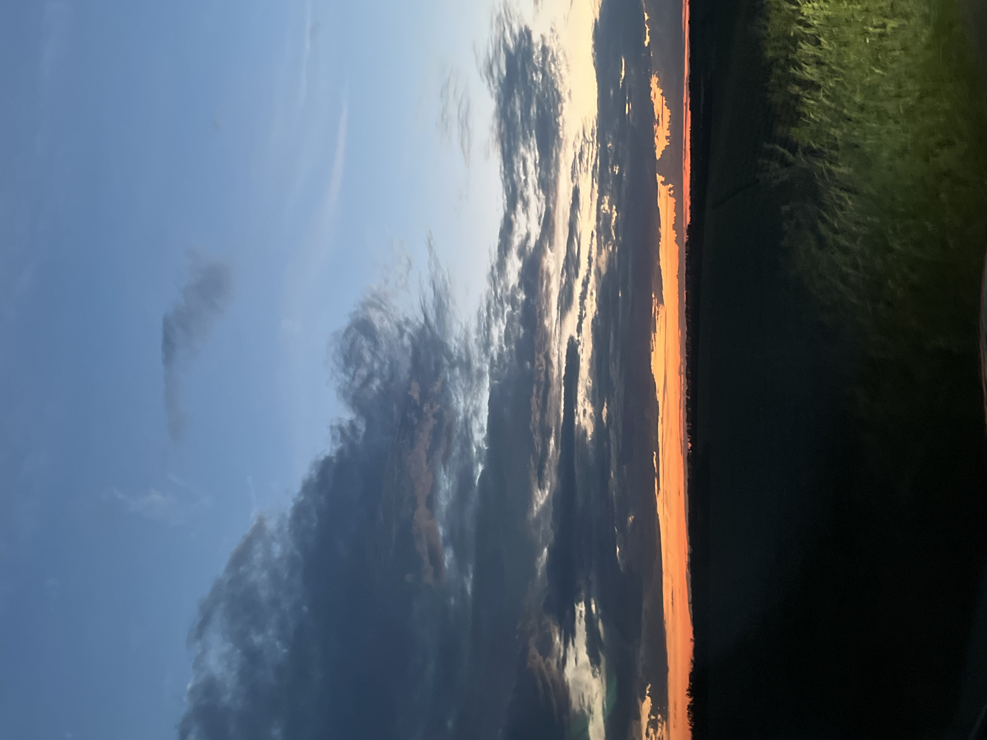 A twilight landscape depicts a broad expanse of farmland under a dramatic sky. The foreground is dominated by dark, silhouetted fields, with tall grass visible on the right side, illuminated by an unseen light source. A thin line of trees marks the horizon, beyond which the sky transitions from a vibrant orange band just above the land to deepening shades of blue and grey as it ascends. Numerous clouds, ranging from dark and heavy to wispy and light, are scattered across the sky, some tinged with the fading sunset colors. The scene captures the natural beauty of an agricultural region during the evening transition. The location is identified as Poltavka, Ukraine. There are no people or animals visible in the image.