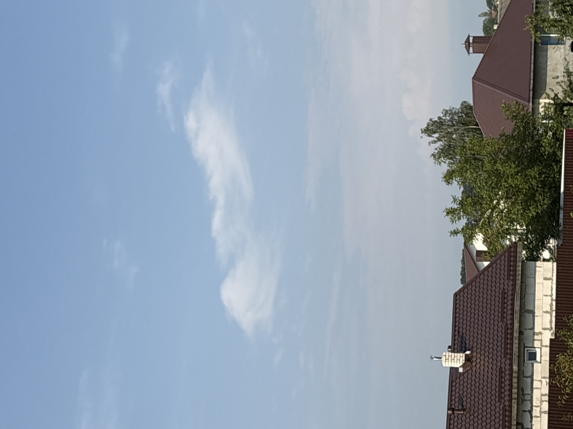 A clear sky with wispy clouds is above a residential area in Navahrudak, Belarus. The foreground features the dark brown metal roofs of several houses. One house on the left is partially constructed with light-colored bricks and has a white brick chimney with a metal cap. Another house to the right also has a dark brown metal roof and a chimney with a more elaborate cap. Lush green trees are scattered throughout the scene, with one large tree partially obscuring the view of the house on the right. A brown wooden fence runs along the bottom of the image. The overall scene depicts a sunny day in a suburban or rural setting.