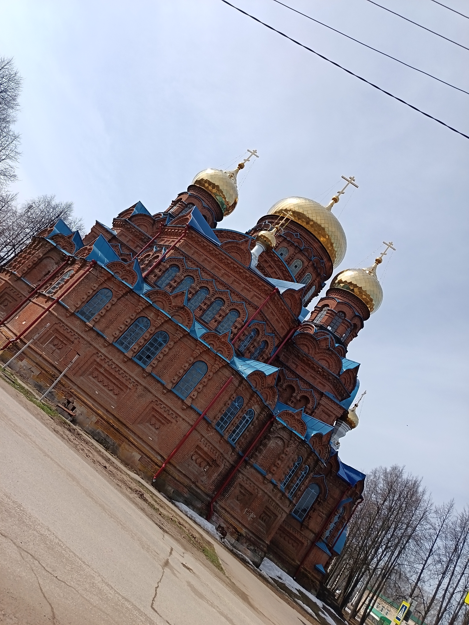 The image shows a view of the Holy Trinity Cathedral in Osa, Perm Krai, Russia, taken from street level. The cathedral is made of red brick with blue trim and has multiple golden domes topped with crosses. The sky is pale blue with a few clouds. Bare trees are visible to the sides of the cathedral. A paved road runs along the base of the building.