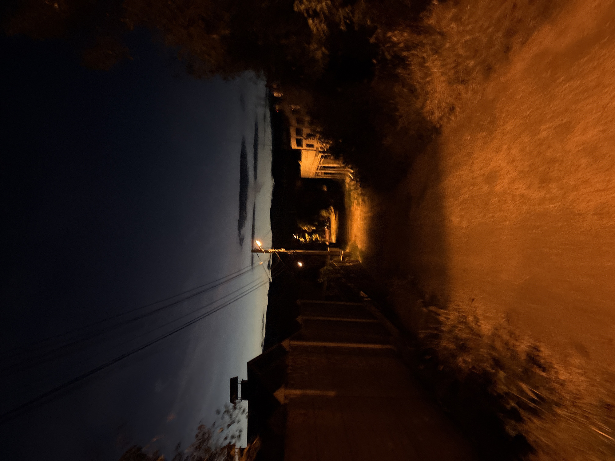 This is a medium-shot, eye-level, vertical, photographic image taken at night in the city of Podgumer, Bulgaria. The scene depicts a rural or suburban dirt road illuminated by a single, bright street lamp casting a warm, orange glow. The road stretches into the distance and appears to be flanked by dry vegetation on both sides. On the left, a brick building with a peaked roof and a chimney is visible, separated from the road by a low, spiked fence. Further down the road on the right, a building with columns and multiple windows can be seen, partially obscured by dark foliage. The sky above is a deep, dark blue, with a few faint clouds visible near the horizon. Overhead, power lines are strung across the sky. The overall atmosphere of the image is dark and quiet, suggesting a deserted street scene at night.