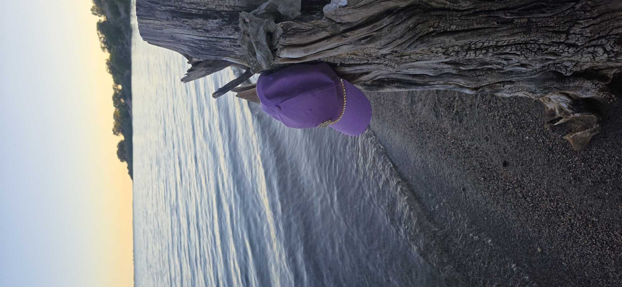 A purple baseball cap, adorned with a gold chain detail, rests on the weathered bark of a driftwood log on a pebble beach. The log is situated on the shore of Issyk-Kul lake in Kyrgyzstan. The water, rippling gently, meets the shore where small stones and dark sand are visible. In the distance, a tree-lined shore creates a dark silhouette against a pale, hazy sky, hinting at either dawn or dusk. The overall scene is serene and still.