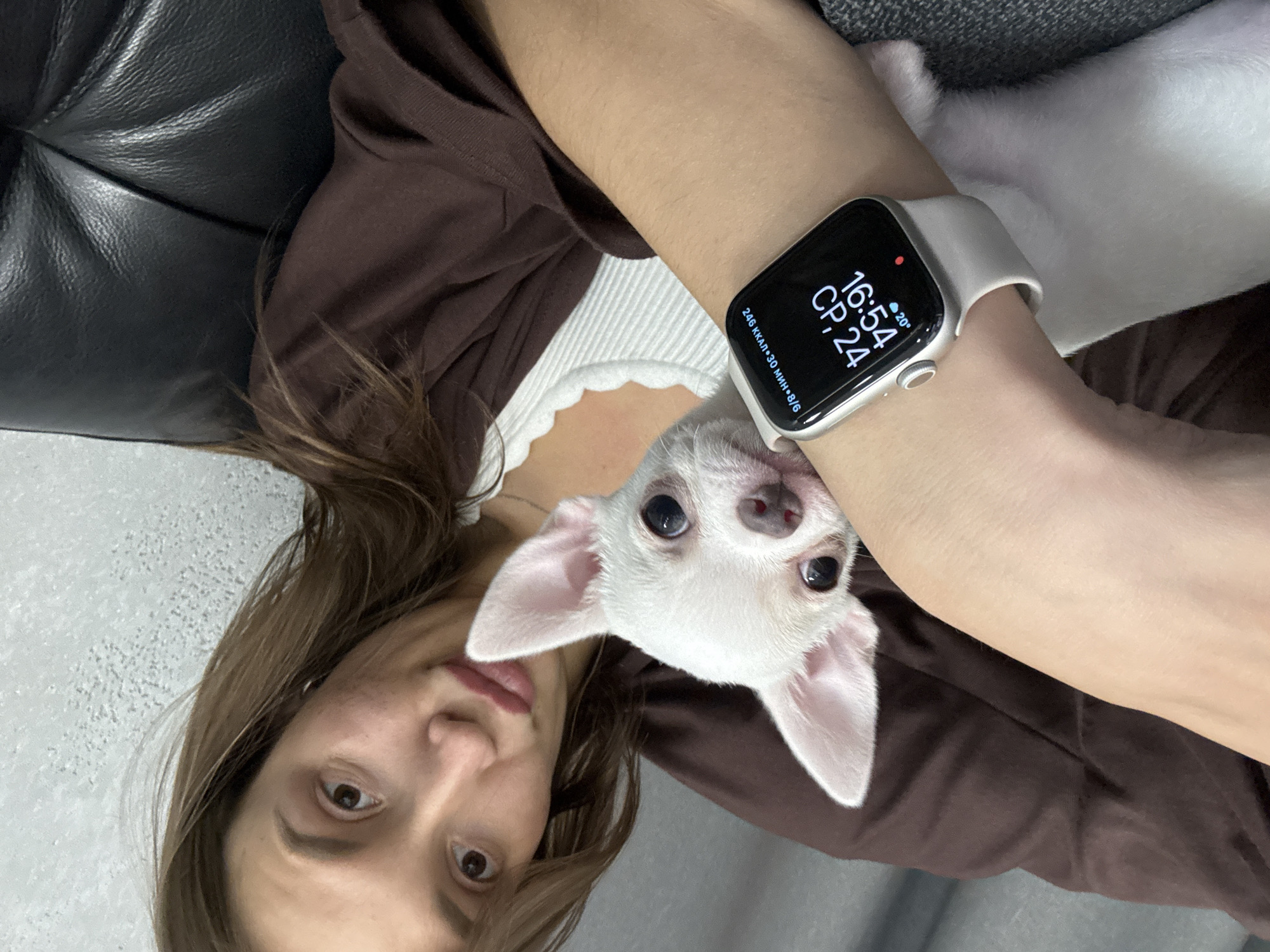 A young woman with brown hair and wearing a brown shirt is holding a small white chihuahua puppy. She is looking at the camera with her lips slightly pursed. The puppy is looking directly at the camera with its tongue slightly out. The woman is wearing a white ribbed tank top underneath her brown shirt. On her left wrist, she is wearing a white Apple Watch that displays the time as 16:54, a temperature of 20 degrees, and other activity metrics. The background shows a textured gray wall on the right and a brown surface on the left, possibly a couch or blanket. The lighting appears to be artificial indoor lighting. There is no visible indication of the location being in Nizhny Novgorod, Russia.
