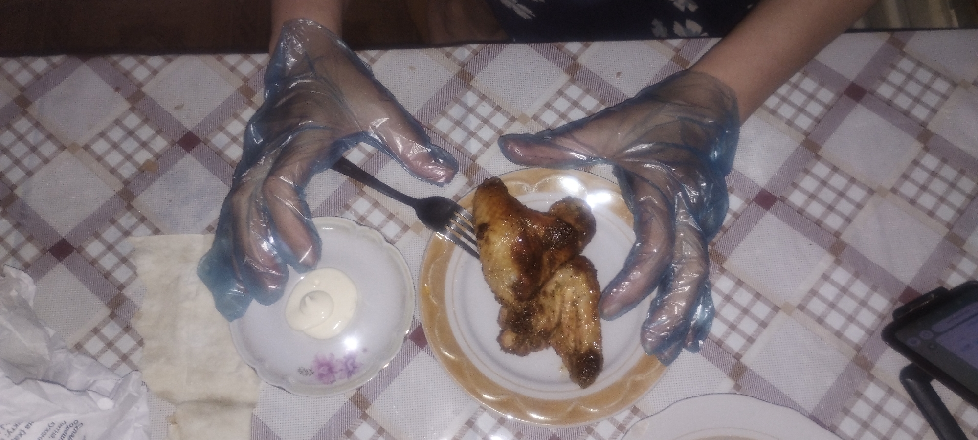 In Zaporizhzhia, Ukraine, on a table covered with a checkered tablecloth, two hands wearing transparent blue plastic gloves are poised over a meal. The left hand, on the left side of the frame, is positioned over a small white plate containing a dollop of white sauce. The right hand, on the right side of the frame, is reaching towards a white plate with a golden rim, on which two cooked chicken wings are arranged. A fork is placed between the plates, its tines resting on the plate with the chicken wings. To the left of the white plate with the sauce, a piece of flatbread is visible. In the background, a dark object, possibly a phone, rests on the tablecloth. The lighting suggests an indoor setting, likely a kitchen or dining area.