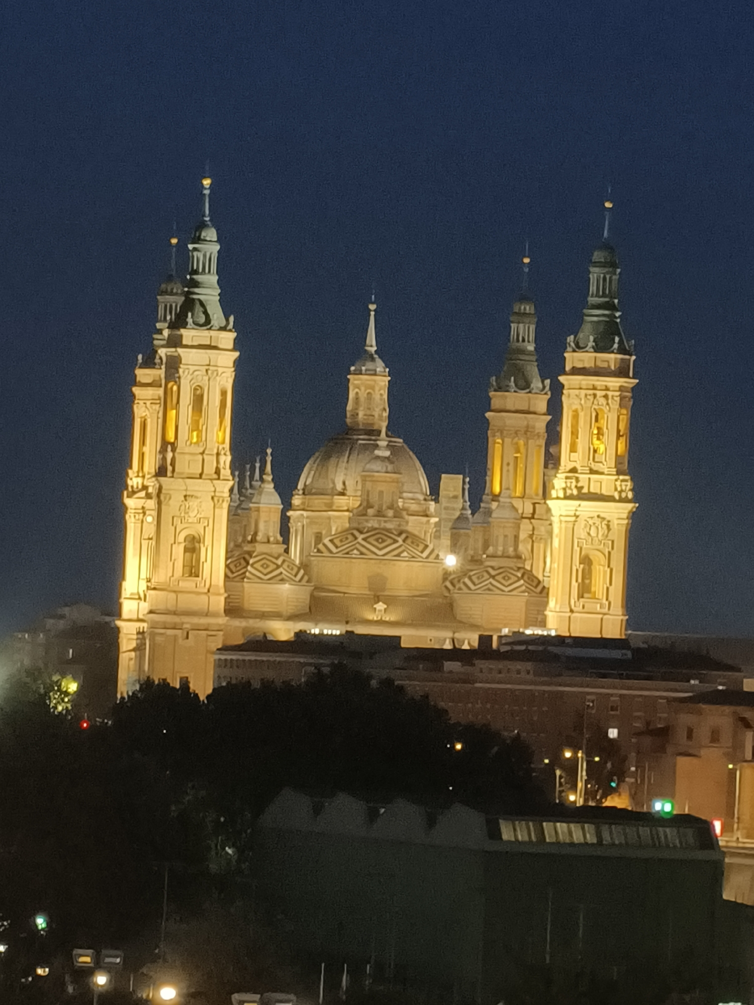 The image shows the illuminated Basilica of Our Lady of the Pillar in Zaragoza, Spain, at night. The building features several towers and domes with distinctive patterns. A dark sky serves as the backdrop. In the foreground, trees and buildings are visible, silhouetted against the darker parts of the scene. Streetlights illuminate the surrounding urban area.