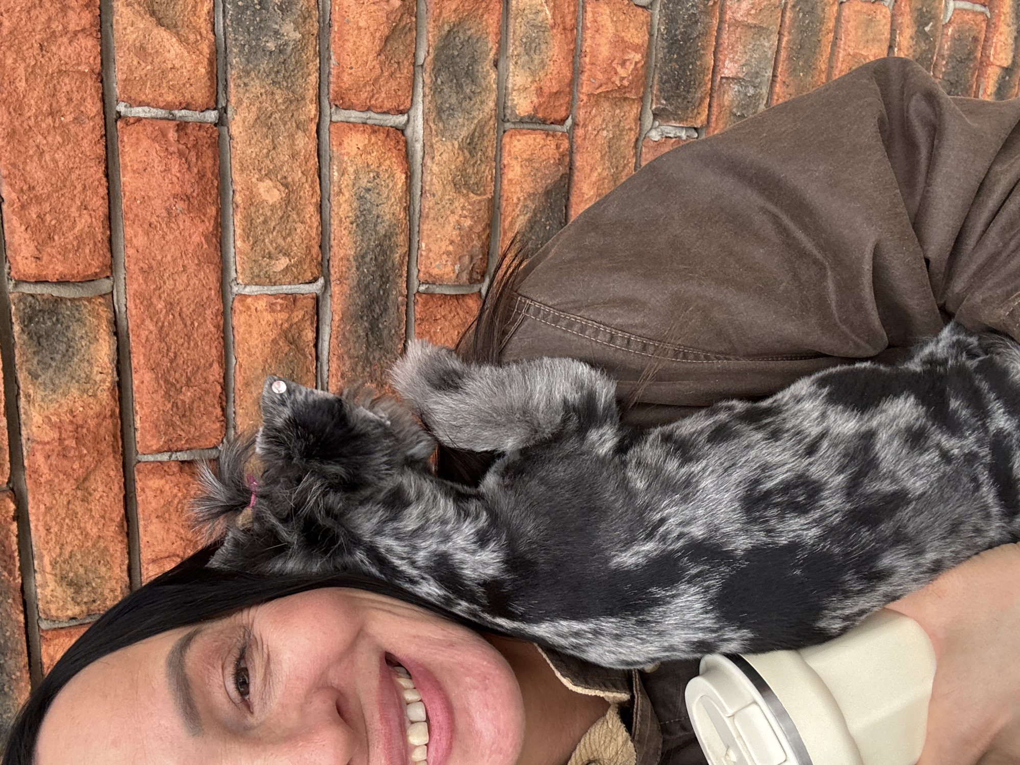 A woman is visible from the chest up, facing the camera at an angle, smiling, with a dog on her shoulder. The dog is gray and black spotted. The woman has dark hair and fair skin. She wears a brown jacket. Behind the woman is a brick wall. The location is Chaikovsky, Russia.
