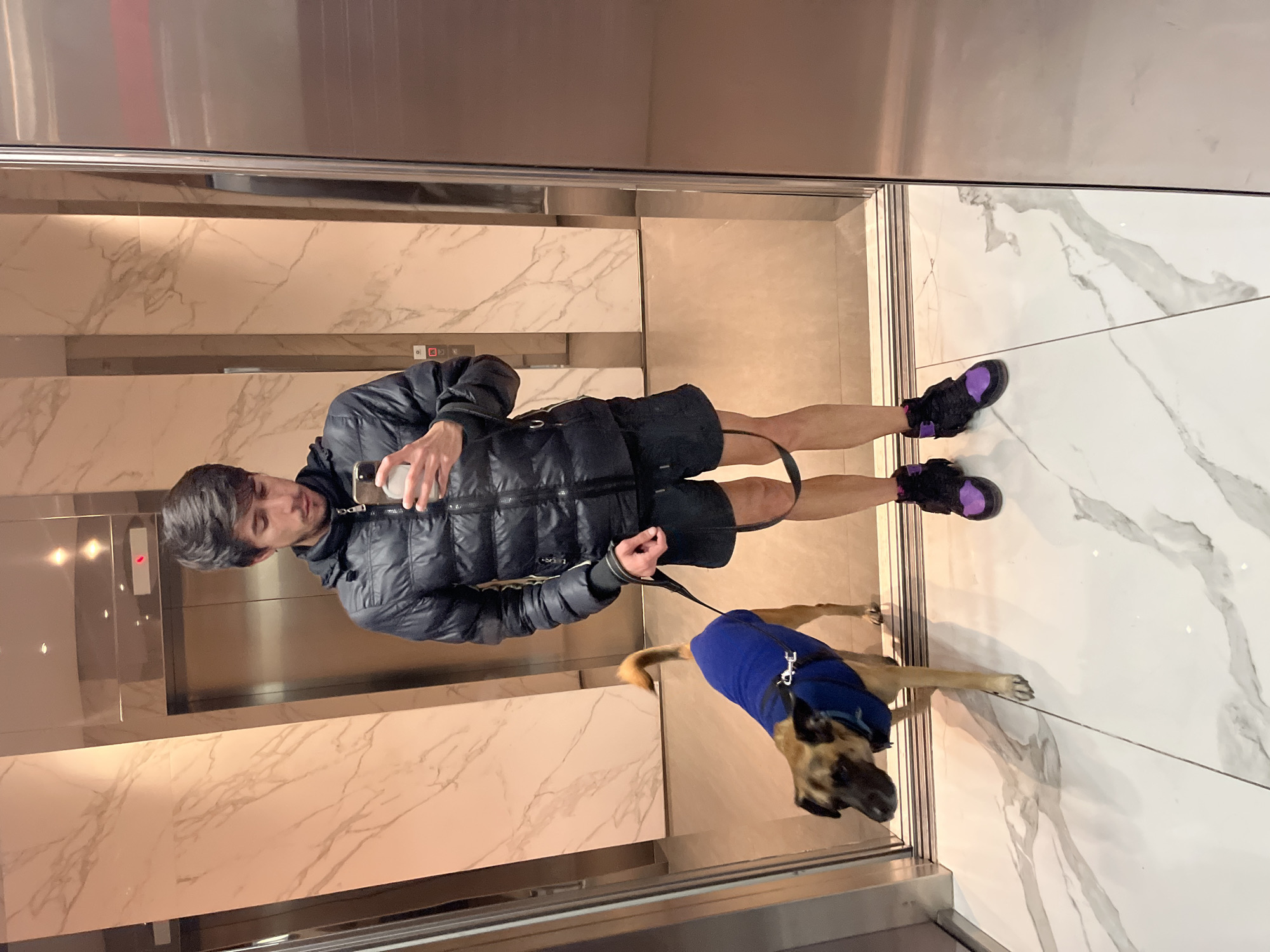 The image depicts a man and a dog inside an elevator. The man is holding a smartphone and appears to be taking a selfie. He is wearing a dark puffer jacket, dark shorts, and athletic shoes with purple accents. The dog is a medium-sized breed and is wearing a blue vest. The interior of the elevator features marble-like walls and flooring. The setting is undetermined; there is no explicit evidence to prove this is the city of Buenos Aires, Argentina.