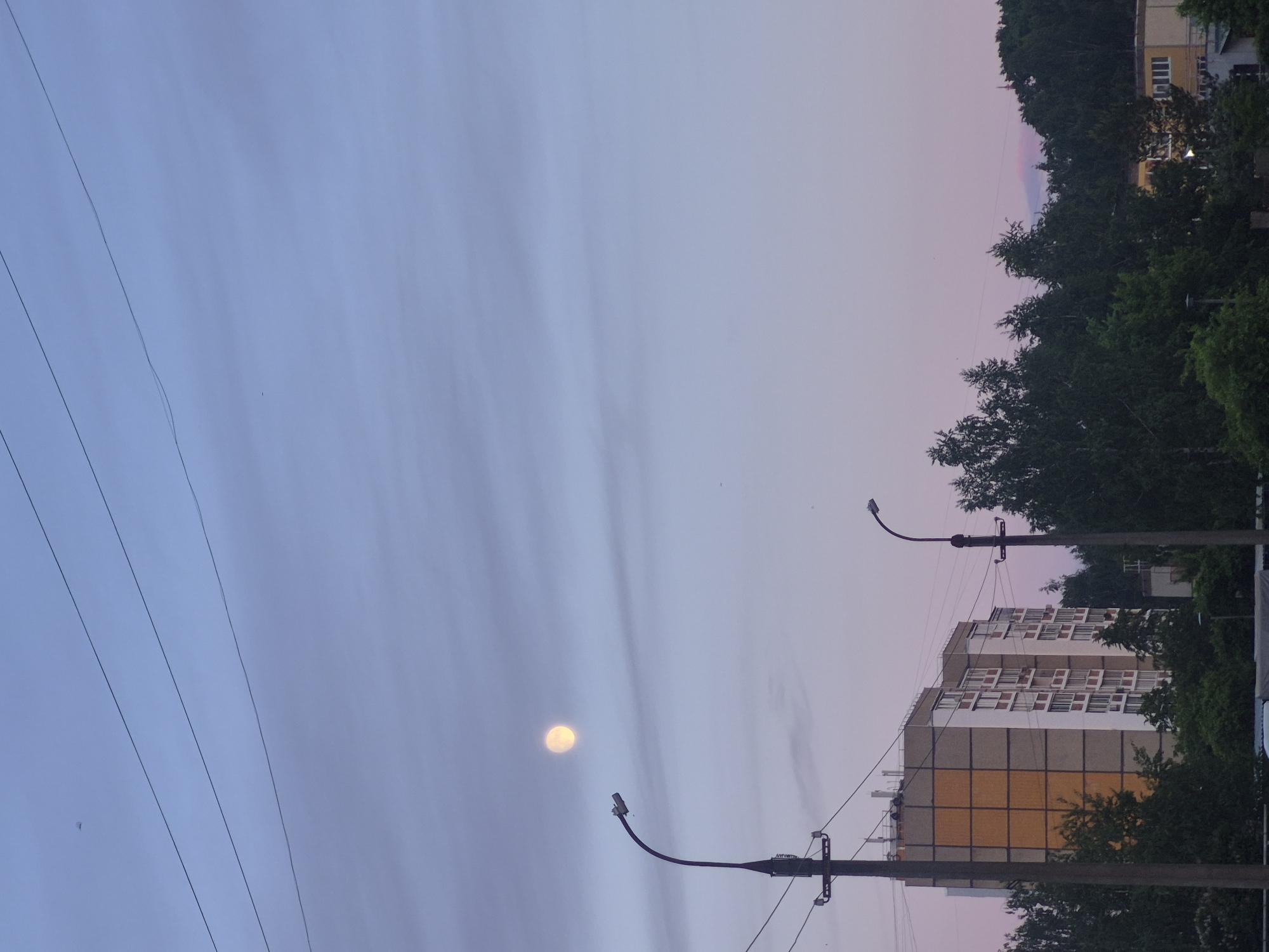 A sideways, eye-level shot shows the sky above a city. The sky is a gradient of pale blue to pinkish-purple, and a full moon is visible in the lower-left part of the frame. There are electrical poles and wires in the foreground. A building with multiple windows and a tan and white exterior is visible on the right side of the frame, partially obscured by trees. The tops of more trees can be seen in the upper-right corner.