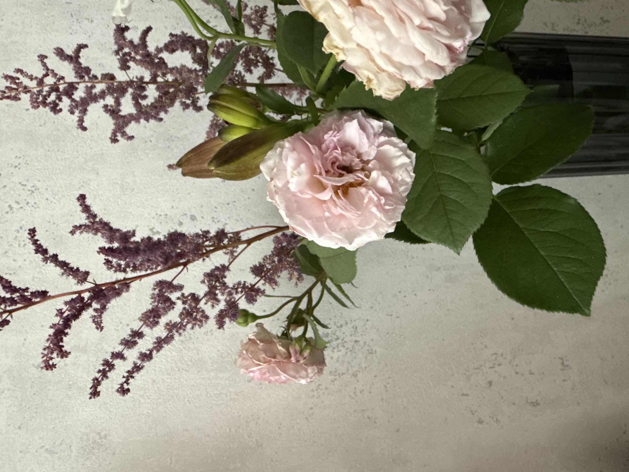 A close-up, vertical shot shows a bouquet of flowers in a dark ribbed vase against a textured light grey wall. The bouquet consists of several light pink roses and tall, feathery purple astilbe. Some of the roses are fully bloomed, revealing delicate petals, while others are still in bud or slightly wilting. Dark green leaves are interspersed throughout the arrangement. The background wall has a subtle, speckled pattern, typical of interior decor. No people or specific locations in Mahilyow, Belarus, are identifiable.