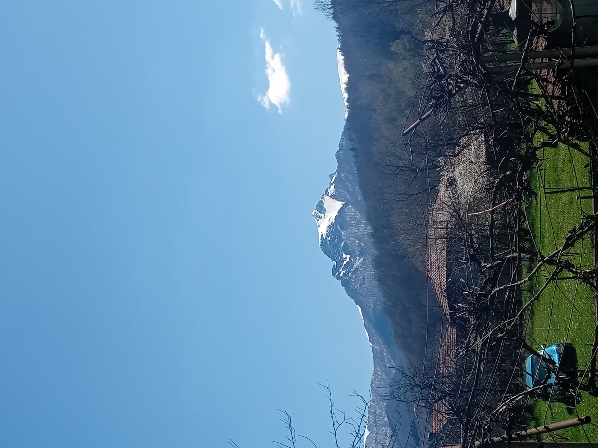 The image shows a mountain partially covered in snow, with a clear blue sky above. A small white cloud is visible in the sky. In the foreground, there is vegetation, including grass and bare branches of trees or vines. A blue object, possibly a vehicle or equipment, is visible behind the vegetation. The location is in Unknown, Unknown.