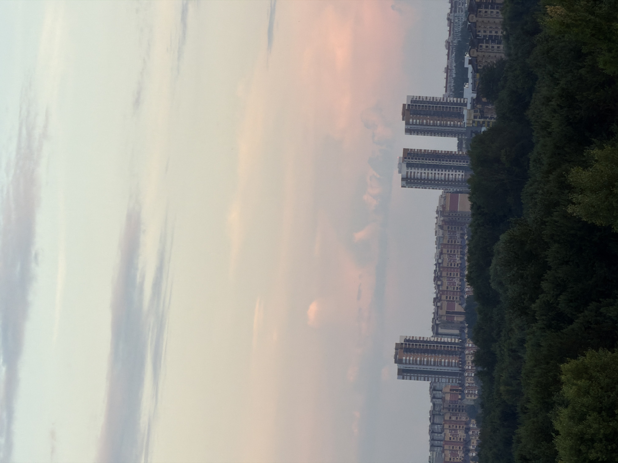 The image shows a cityscape with tall buildings in the background and a dense forest in the foreground. The sky is filled with soft, pastel-colored clouds, suggesting it may be sunset or sunrise. Several high-rise apartment buildings are visible, with one particularly prominent structure featuring a light-colored facade with darker vertical elements. The forest appears lush and green, covering the lower portion of the image. The overall scene conveys a sense of urban development encroaching on natural landscapes.