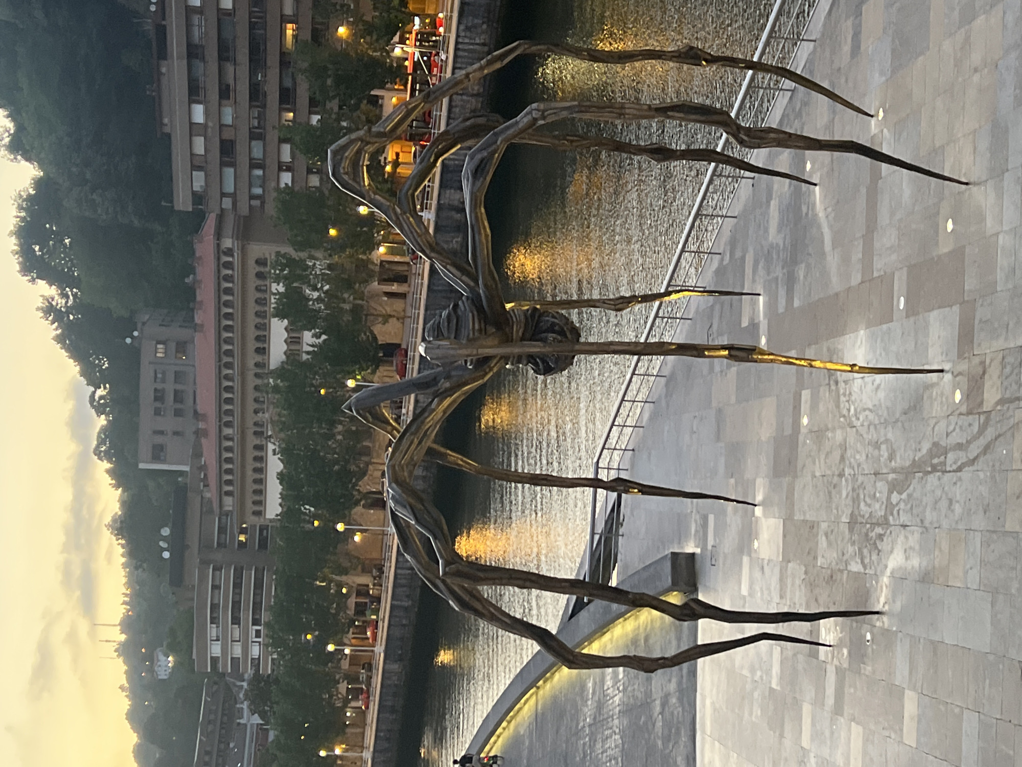 The image shows the Mamán sculpture by Louise Bourgeois, a giant bronze spider, located on the waterfront in Bilbao, Spain. The sculpture is positioned on a paved area next to a river, with buildings and a tree-lined promenade in the background. The sky is overcast with a warm glow from the setting sun. The sculpture's legs are splayed out, some reaching towards the water and others planted on the pavement. The detailed, metallic texture of the spider is visible, with a bulbous body and long, thin legs. In the distance, a few people can be seen on the promenade, and traffic lights and streetlights are illuminated along the riverbank. The river reflects the lights from the city and the sky, creating a shimmering effect. The overall atmosphere is calm and slightly surreal, with the monumental spider dominating the foreground.