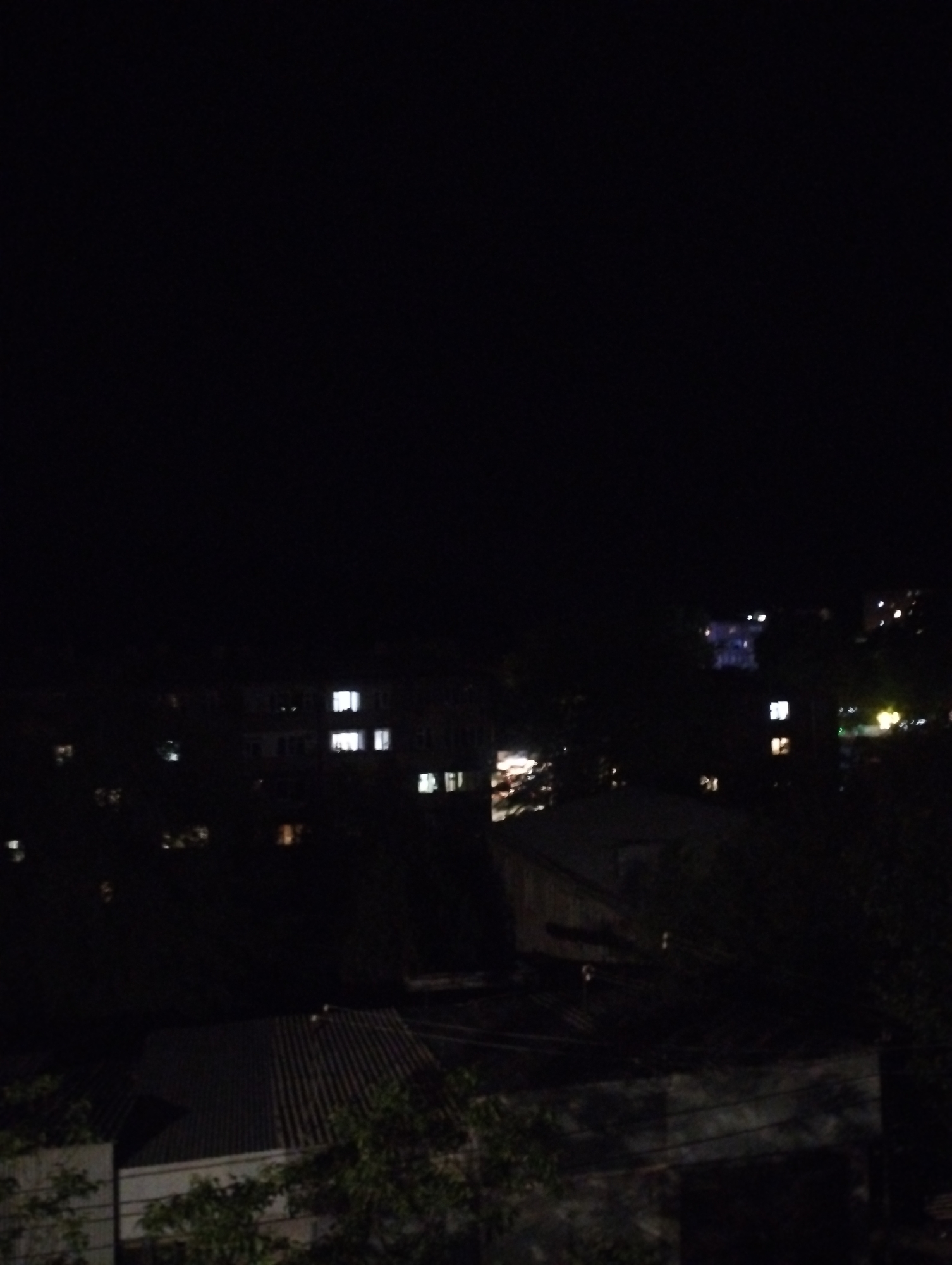 The image presents a high-angle, long shot of a residential area at night in Yeghegnadzor, Armenia. The upper half of the frame is dominated by an expanse of dark, clear night sky, offering no visible stars or moon.
In the middle ground, several buildings are partially visible, mostly as dark silhouettes against the gloom. The most prominent features are the illuminated windows of these structures, casting rectangular glows of warm yellow and cool white light, indicating occupancy or internal lighting. Some brighter, possibly more distant, lights are scattered across the mid-ground and right side of the image, appearing blurry.
The foreground and lower sections of the image are filled with dark, undefined shapes consistent with trees or dense foliage, which partially obscure the view of the ground level and lower parts of the buildings. A corrugated metal roof is clearly visible in the lower left quadrant, showing distinct parallel ridges. Another similar roof can be seen further into the middle ground.
No people or discernible activities are captured in the static scene. The time of day is clearly night, and the absence of clouds or atmospheric haze suggests clear weather. The overall ambiance is quiet and still. No visible text is present in the image.