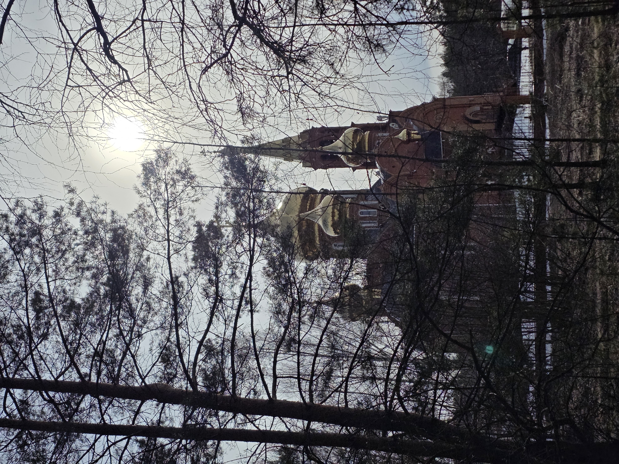 The image shows a building with golden domes and spires, likely a Russian Orthodox church, partially obscured by bare trees and branches. The sun is visible through the branches in the upper left of the frame. The building is located in Chaikovsky, Russia. A river is visible, along with a bridge behind the church.