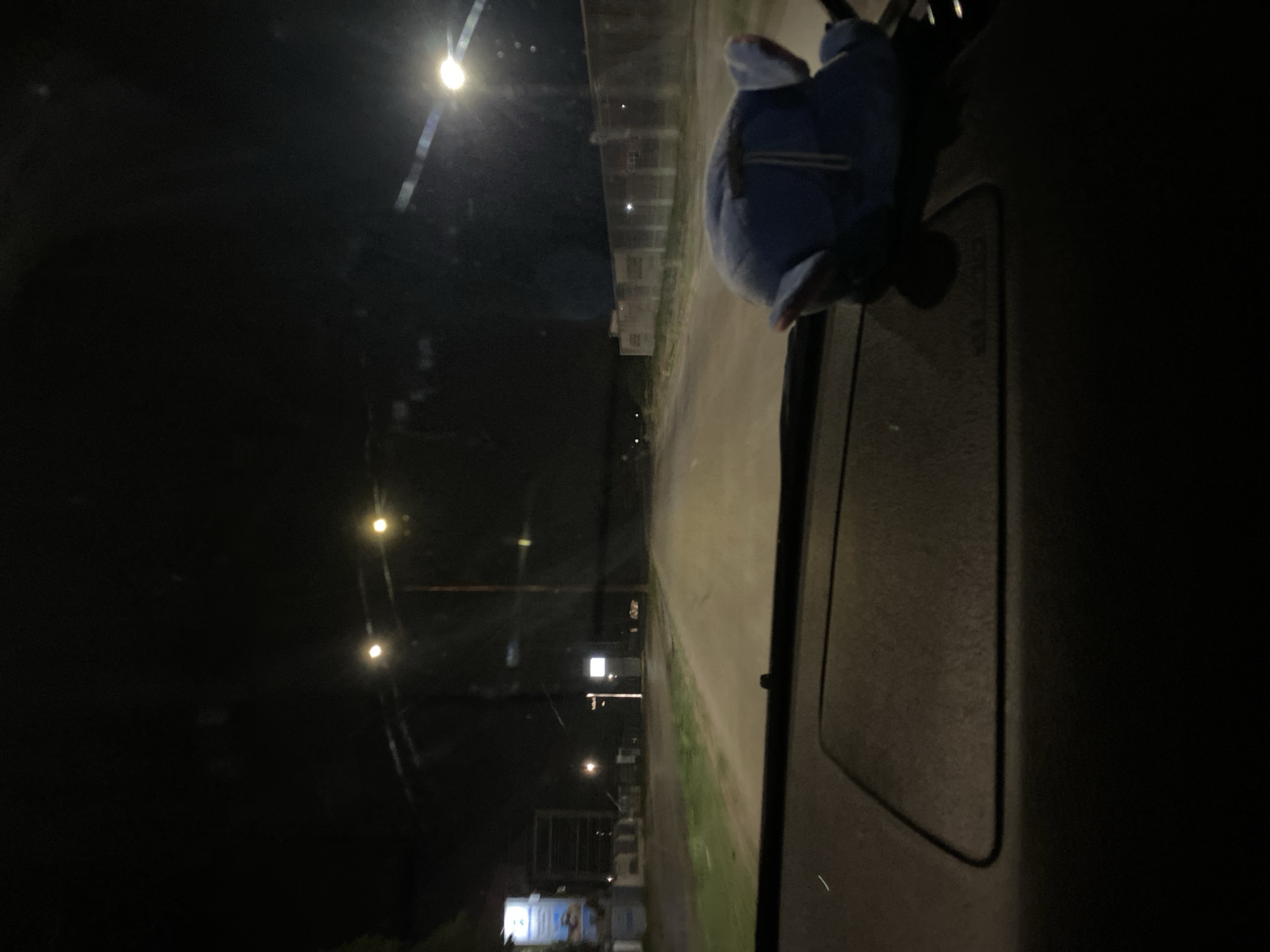 The image depicts a dark, nighttime view from inside a vehicle, looking out through the windshield. In the foreground, on the dashboard, a blue plush toy resembling an elephant is visible, resting on its side. The road ahead is illuminated by streetlights, with some vegetation visible on the left side of the road. Distant buildings and structures are faintly discernible in the background. The scene suggests a drive through a somewhat industrial or developing area at night. The specific location within the city of Yasen, Bulgaria cannot be determined from the visual information provided.