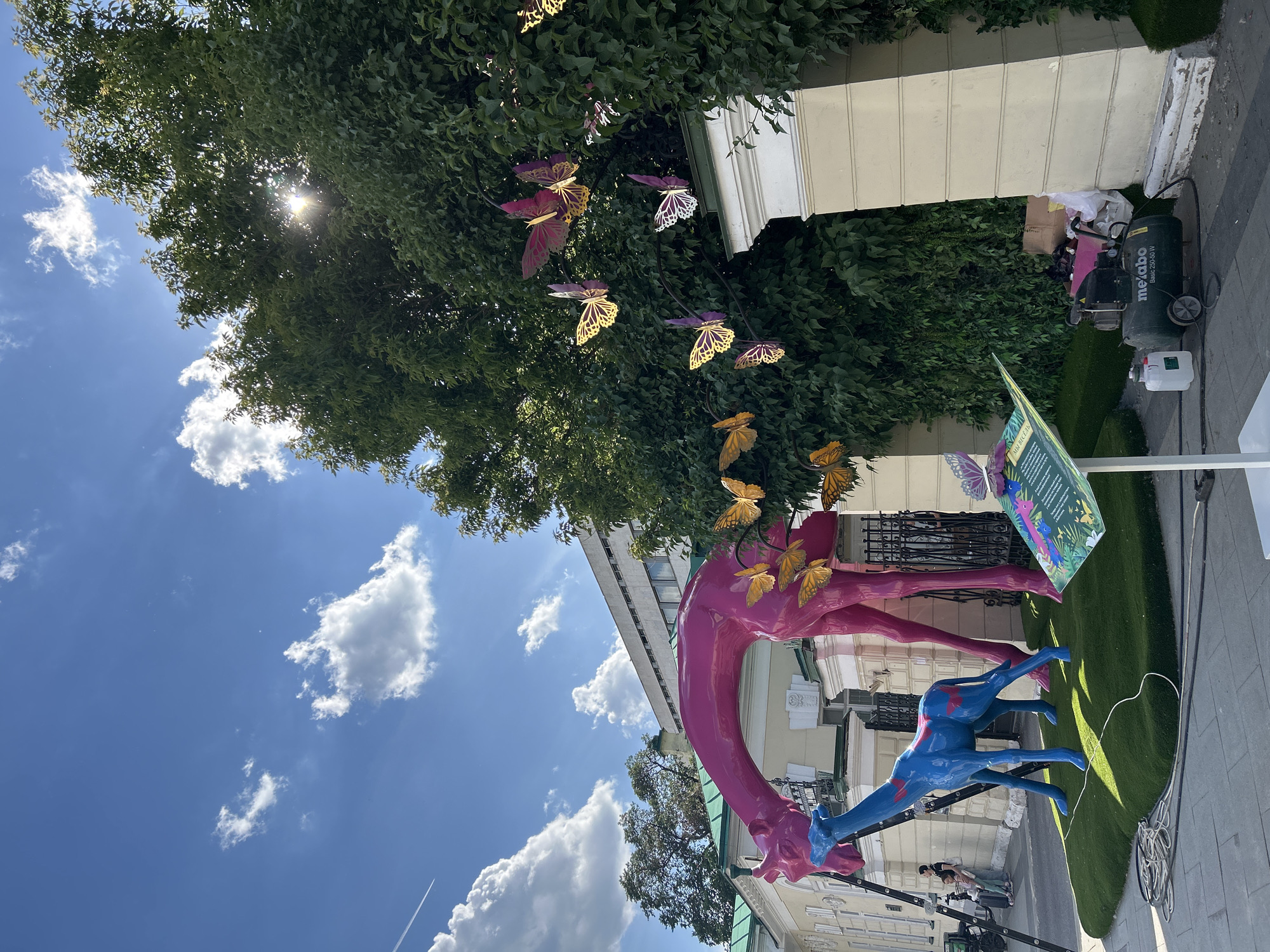 This media file presents a vibrant outdoor scene on a clear, sunny day in Moscow, Russia, featuring an elaborate art installation. The sky is a bright blue with scattered white cumulus clouds, and direct sunlight streams through the canopy of a large, leafy green tree, creating starburst effects.
The central subjects are two large, colorful statues resembling deer or giraffes. One is a tall, vivid pink figure with a blue head, while the other is a smaller, entirely blue statue positioned on artificial grass, appearing to graze. These statues are adorned with numerous decorative butterflies in shades of yellow-gold, purple, and white, some suspended from the surrounding trees and others attached directly to the pink figure.
In the background, near the blue statue, two people are visible; one stands on a step ladder, potentially working on or observing the installation. The setting includes buildings with light-colored facades and classical architectural details, partially obscured by lush green ivy and foliage. On the ground, next to a building, industrial equipment is visible, including a green air compressor labeled "metabo Basic 250-50 W" and a white plastic container, along with coiled black cables. A cardboard box and some discarded items lie nearby.
A colorful informational sign stands close to the statues, depicting the animal figures and featuring partially visible Cyrillic text, including what appears to be "АЛЬМАНАХ" (Almanac). The overall impression is one of whimsy and cheerfulness, indicative of a public art display or a festive street decoration, likely taking place in the late morning or early afternoon given the strong sunlight. A faint airplane contrail is visible high in the sky.