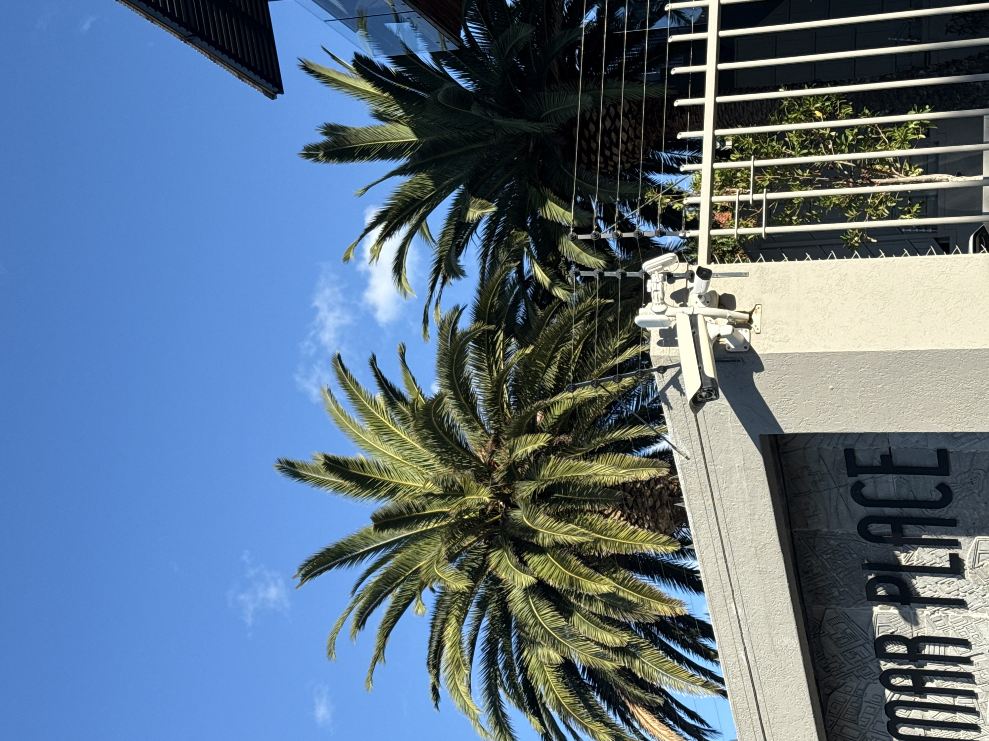 The image shows a building with the words "MAR PLACE" engraved on its side. Two palm trees are visible in the foreground against a blue sky with sparse clouds. Security cameras are mounted on the building's exterior. A white metal railing is also present. The location is likely in Cape Town, South Africa, but the image provides no further information to confirm the location.