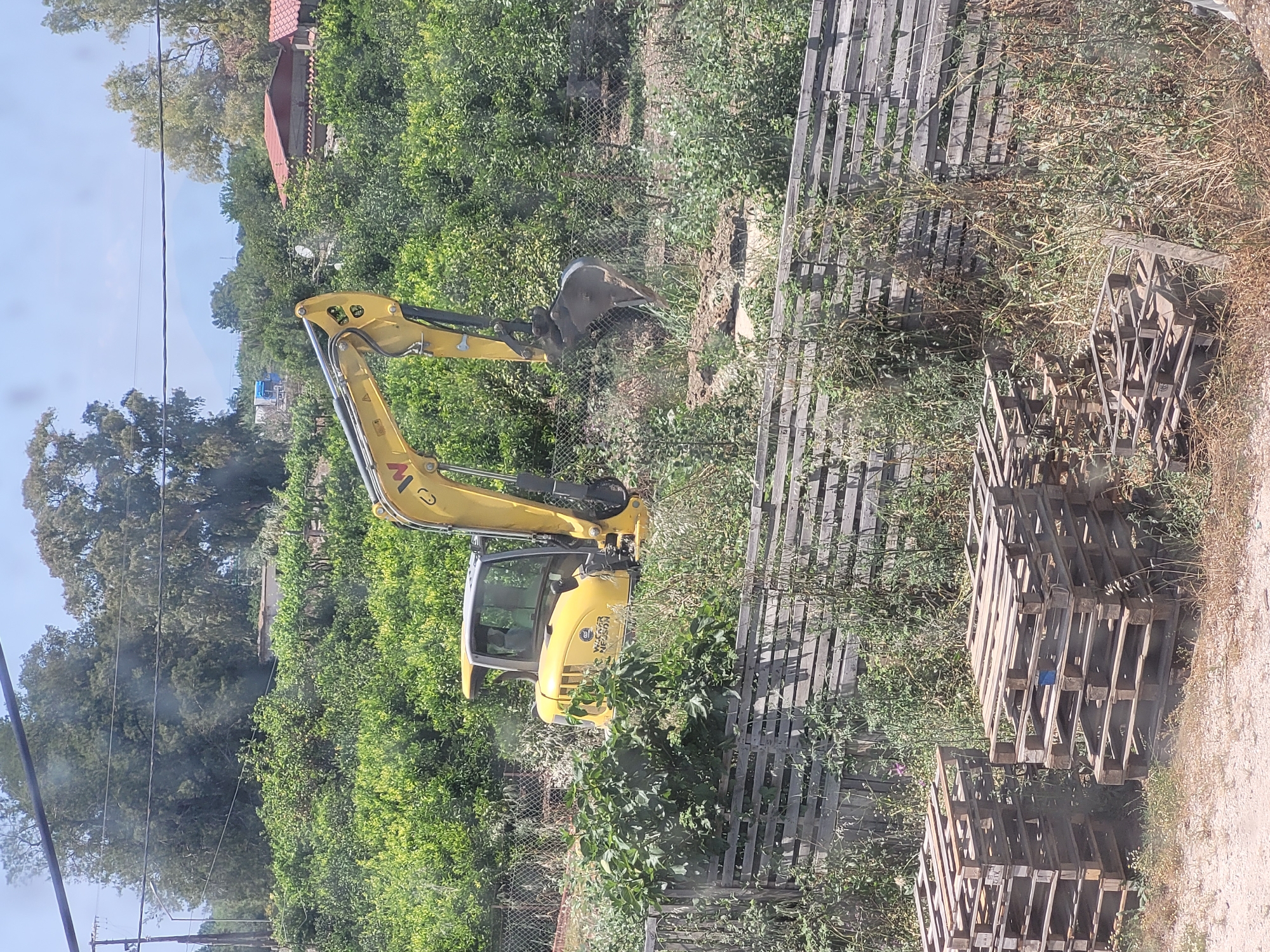 A yellow excavator sits in a densely vegetated area next to a wooden fence and stacks of wooden pallets. The excavator's bucket is positioned over a section of disturbed earth. The scene appears to be in a semi-urban environment, as a building with a red roof is visible in the background amidst trees. The sky is visible in the upper left corner. There are no people visible. The city is unknown.