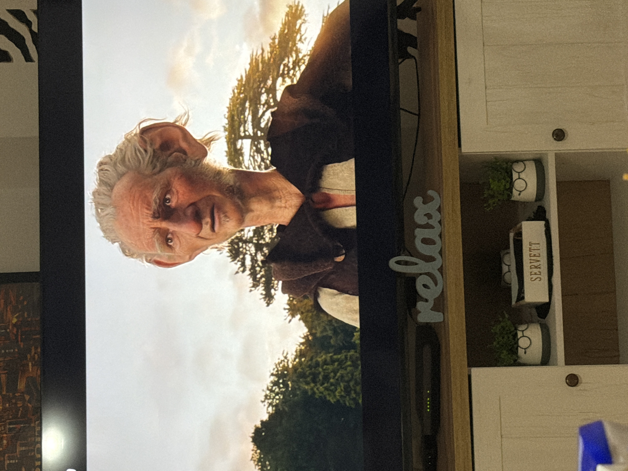 The image displays a still frame from a movie or TV show on a large television screen, set within an indoor home environment. The central subject on the screen is a male character with prominent, somewhat pointed ears, an aged appearance characterized by wrinkles and grey, disheveled hair, and a thoughtful or slightly concerned expression. He is dressed in a dark brown, cowl-necked garment over a lighter-colored shirt. The background on the screen depicts a bright sky, possibly during sunrise or sunset, with a warm glow illuminating sparse trees, suggesting an outdoor, natural setting.
To the right of the television, part of a light-colored wooden entertainment unit with open shelves is visible. On one shelf, two white planters, each adorned with a black "Harry Potter glasses" design, hold small green plants. Above these, a white rectangular holder with the word "SERVETT" printed vertically in gold lettering is present. A light blue decorative word "relax" rests on the top surface of the console. A dark, possibly framed, artwork is partially visible behind the TV on the far left, next to a black and white striped pattern, likely from a decorative object. A blue bottle is partially seen on the lower right, below the console.