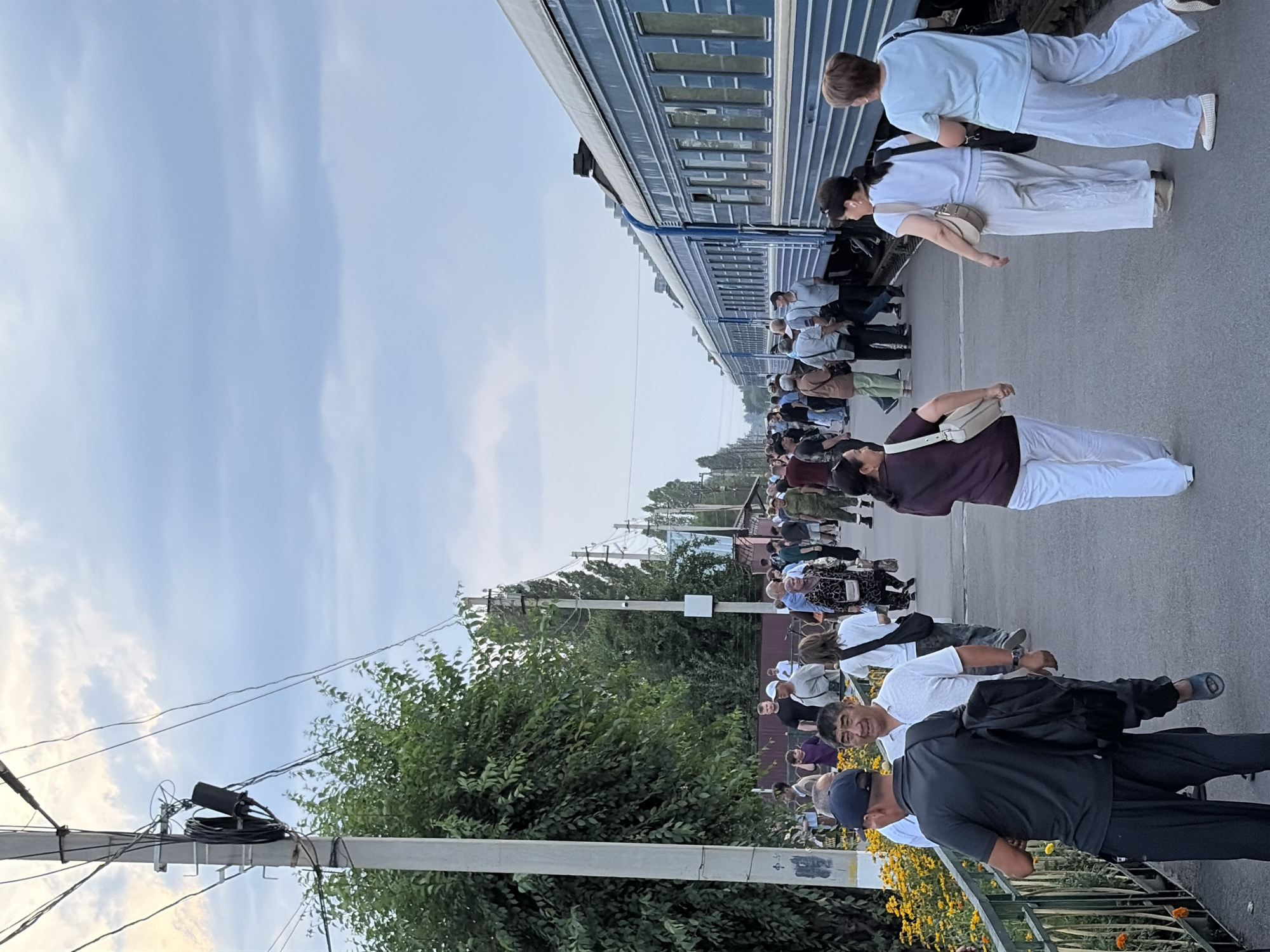 This media file depicts a crowd of people gathered alongside a blue train at a station in Kant, Kyrgyzstan. The people are standing on a paved platform, and some appear to be waiting to board or disembark the train. The scene suggests a common occurrence at a train station, such as daily commuters, travelers, or perhaps a special event.
The weather appears to be overcast, with a pale blue sky and scattered clouds. The time of day is likely daytime, given the lighting conditions. The people are dressed in casual attire, with a mix of light and dark clothing. Many are carrying bags, indicating they are traveling. The train cars are visible, with windows and doors, and the train appears to be stopped at the platform.
Notable details include the presence of utility poles and power lines in the background, typical of a developed area. There are also trees and foliage visible, suggesting that the station is located in or near a green area. The overall mood of the image is one of activity and movement, as people are clustered together, presumably in transit. There is no visible text in the image.