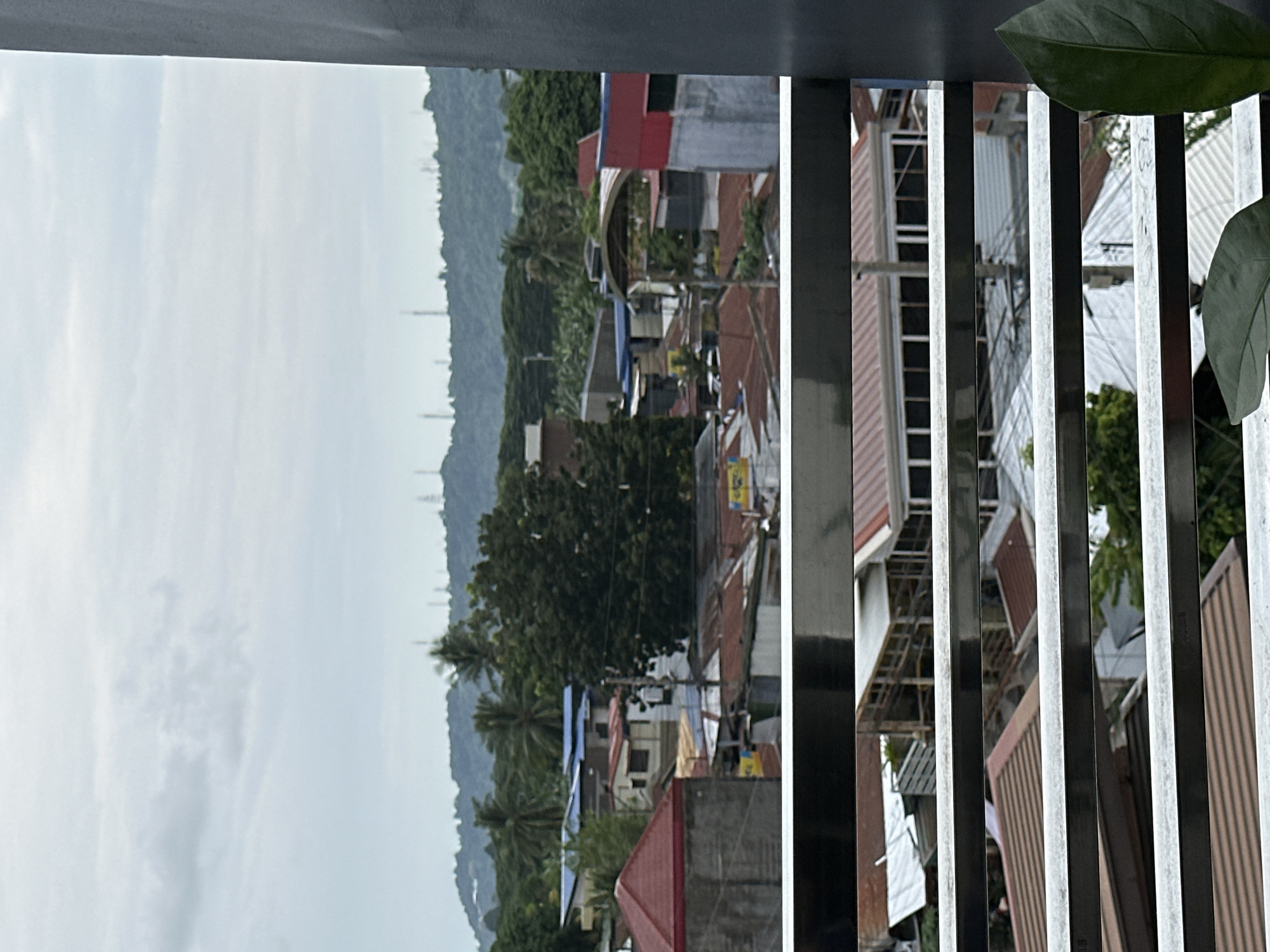View from a balcony or window, looking outward over a small city or town nestled against a hillside with a cloudy sky. A metal railing obstructs part of the view, and large green leaves are partially visible in the foreground. Buildings of various heights and colors are clustered together, some with red or blue roofs. The hillside in the background is covered with trees. It is unclear if this is Davao City, Philippines.