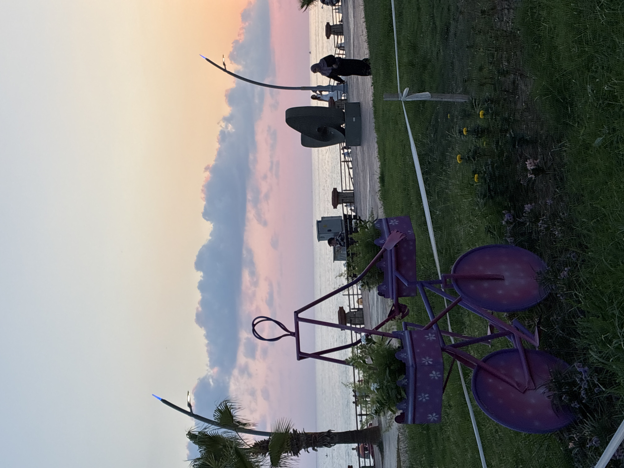 The image depicts a picturesque sunset scene along the coast of Alanya, Turkey, likely at a promenade or park area. In the foreground, a vibrant purple metal bicycle sculpture is positioned, serving as a planter for greenery. The bicycle is detailed with decorative elements. Behind the sculpture, a pathway runs parallel to the sea, with a decorative railing. Several figures are visible along the pathway; a woman in a black abaya and headscarf is walking towards the right, and another woman in a white dress is walking towards the left. A distinctive, abstract dark sculpture stands near the pathway. A tall, curved lamppost with a blue light at its apex stands prominently on the right side of the image. The sea stretches out to the horizon, reflecting the soft hues of the sunset sky, which is adorned with scattered clouds tinged with pink and orange. Palm trees are visible on the left, adding to the coastal atmosphere. The ground in the foreground is covered with grass, with a white rope barrier demarcating an area. The overall ambiance is serene and tranquil, characteristic of a coastal evening.