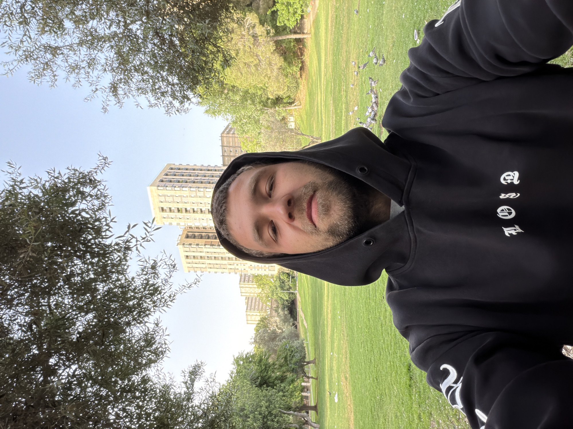 A selfie photograph shows a man wearing a black hooded sweatshirt standing in a park with buildings in the background. The park has a green lawn and trees. Pigeons are scattered on the grass. The location is in an urban area.
