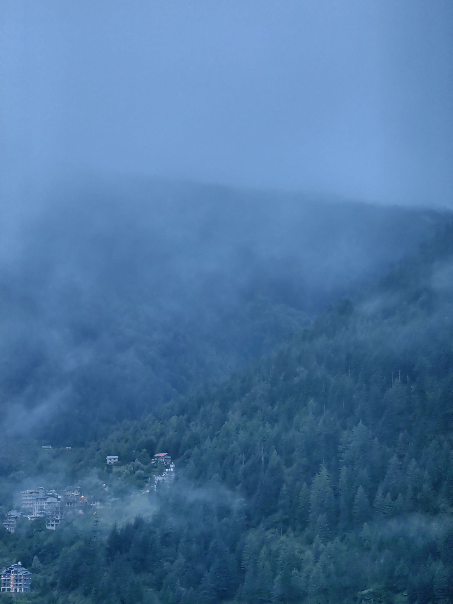 The image depicts a misty, mountainous landscape in Vashisht, India. Dense evergreen trees cover the slopes of the mountains, partially obscured by a thick layer of fog and mist, which creates a hazy and ethereal atmosphere. Scattered amongst the trees are several buildings, appearing to be part of a village or town. These structures vary in size and design, with some appearing to be multi-story hotels or residential buildings, while others are smaller, more traditional houses. The buildings are illuminated, with some lights visible through the mist, suggesting it is either dusk or a cloudy day. A few buildings are clustered together, forming a small settlement, while others are more isolated. The sky above is a pale, muted blue, merging with the mist to create a soft, diffused light. The overall impression is one of a serene, secluded mountain setting shrouded in atmospheric conditions.