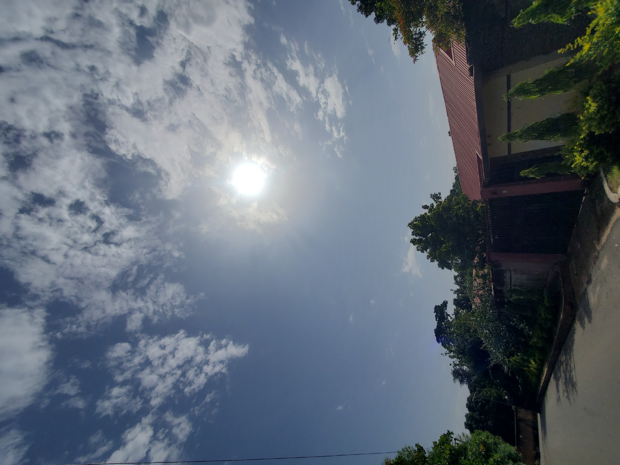 This is a vertical, eye-level, outdoor photograph taken in Jos, Nigeria, on a sunny day. The sky occupies the majority of the frame, filled with scattered white clouds against a bright blue expanse. The sun is prominently positioned in the upper center-right of the image, its rays diffused by the clouds.
In the lower portion of the image, a residential property is visible. A red-tiled roof extends across the mid-ground, belonging to a building with cream-colored walls. A dark, ornate metal gate is visible in front of the property. A low, dark brown wall runs along the property line. In front of the wall, a row of manicured, conical green shrubs stands as decorative elements. To the left of the gate, a section of a reddish-brown wall is visible, and beyond that, a dark metal fence.
The foreground features a paved road or driveway curving into the left side of the frame. Lush green trees and foliage are abundant, lining the property and extending into the background, suggesting a well-maintained residential area in Jos, Nigeria. The overall impression is of a bright, clear day in a suburban or semi-rural setting.
