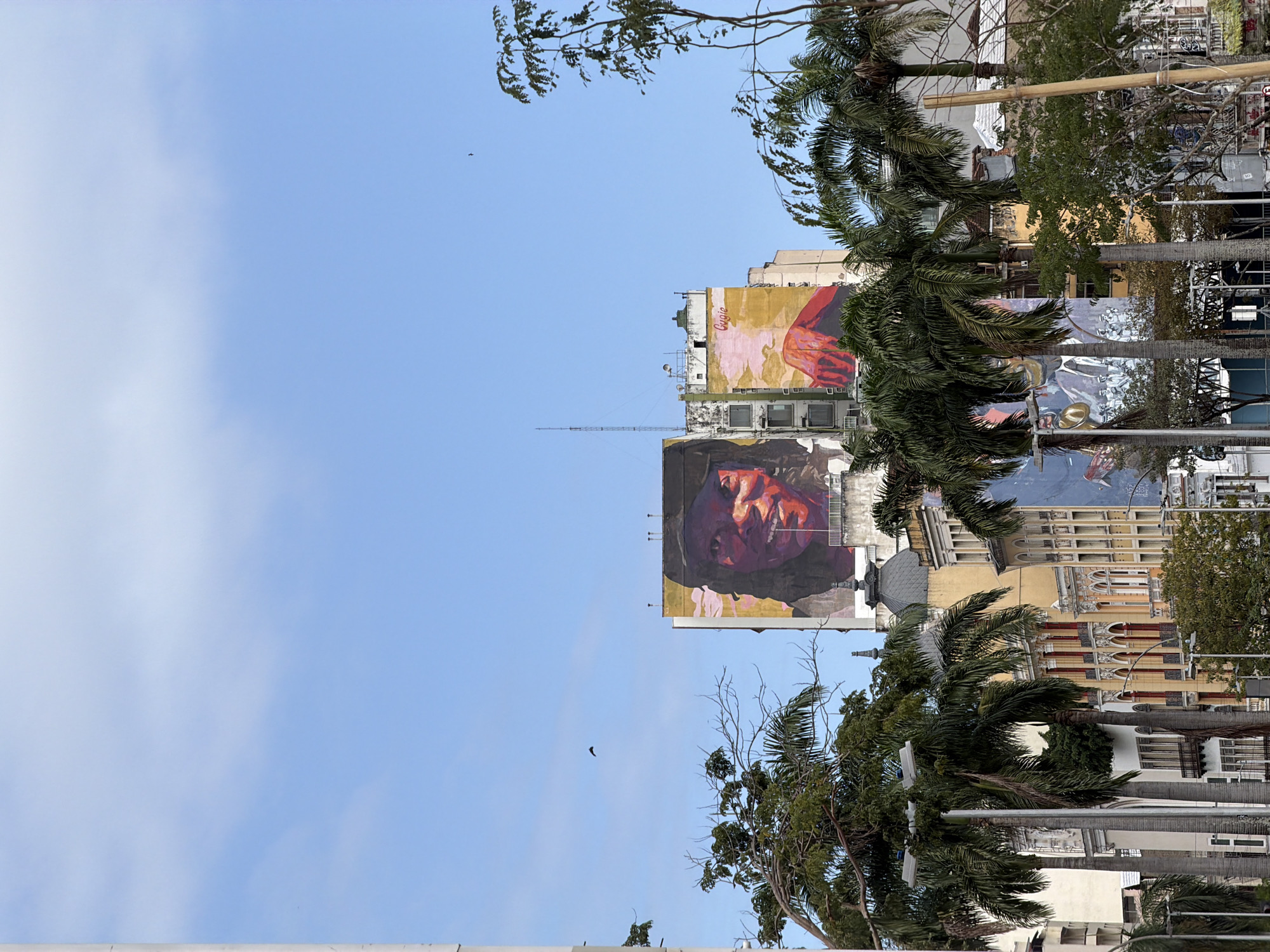 The image captures a section of downtown Rio de Janeiro, Brazil, likely near Praça Mauá, as evidenced by the presence of large-scale murals and distinct architectural styles common to the area. A prominent mural covers a significant portion of a multi-story building, depicting a close-up of a Black woman's face with bright red skin, a dark head covering, and a warm smile. To the right of this mural, another section of the building features a mural with abstract elements in yellow and pink, with a hint of a red arm.
In the foreground, several mature palm trees with lush green fronds partially obscure the view of the buildings below. The architecture of the buildings is varied, showcasing a mix of older, ornate structures with arched windows and balconies, and more modern, utilitarian buildings. Some of these buildings are also adorned with murals, including one visible lower down that appears to depict a group of figures in uniform. The sky above is a clear, bright blue with a few wisps of white clouds. The overall impression is of a vibrant urban environment where art and architecture blend seamlessly.