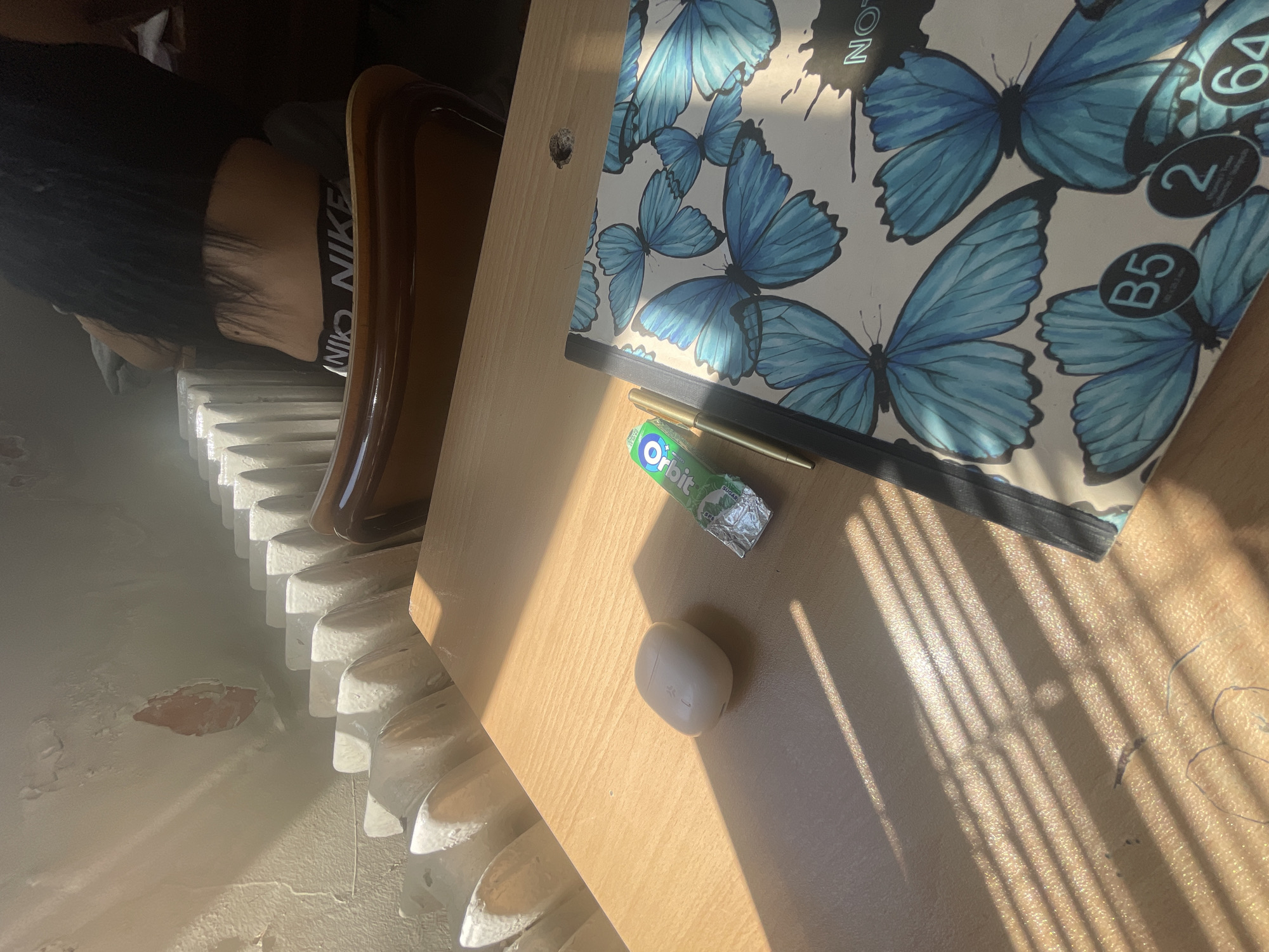 A partially-visible person with dark hair and a "Nike" band is seated at a desk. The desk, illuminated by sunlight streaming through a window, holds a notebook with a butterfly design, a gold pen, a pack of "Orbit" gum, and a white, oval-shaped object. The scene is indoors, next to a white radiator. The city and specific location are not identifiable from the given image.