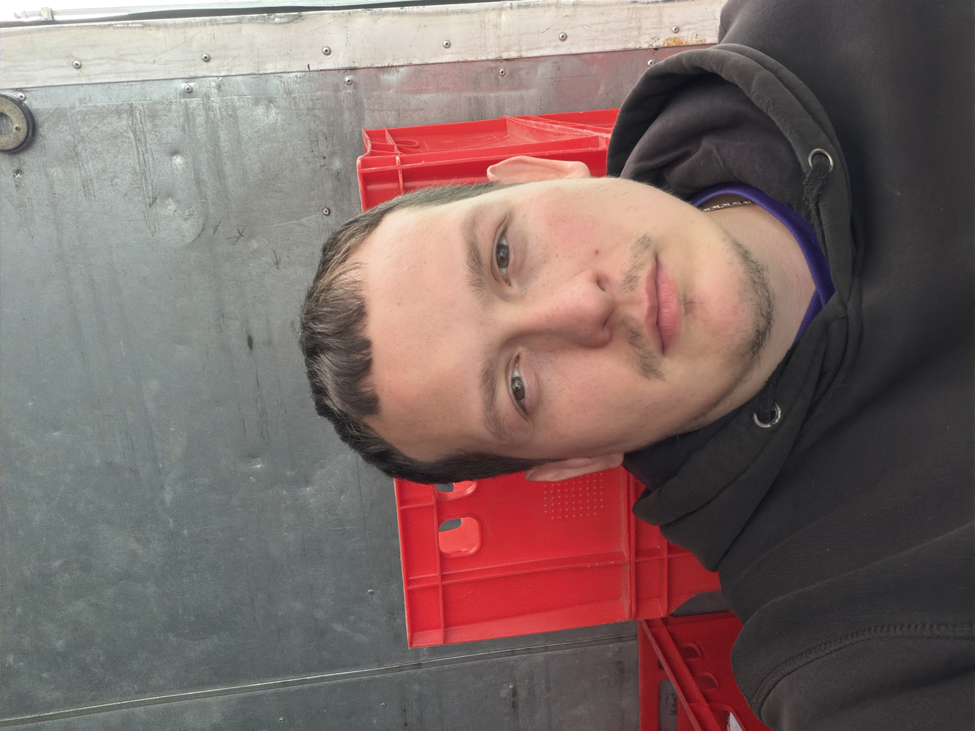 The image shows a close-up portrait of a young adult male, likely in his 20s or early 30s, taken in what appears to be an indoor or enclosed industrial setting. The man's head is tilted towards his right shoulder within the frame, and he looks directly at the camera with a neutral expression. He has fair skin, light-colored eyes (appearing green or hazel), and short, dark brown hair with a slightly receding hairline at the temples. He has a light mustache and stubble along his jawline and chin. He is wearing a dark grey or black hooded sweatshirt over a vibrant purple garment, which is visible at his neckline.
The background consists of a weathered, grey metallic wall or panel, likely part of a truck interior, shipping container, or an industrial building. This metallic surface features visible rivets and scuff marks, indicating use and wear. To the man's right and slightly behind him, several bright red plastic crates are stacked, commonly used for transportation or storage. The lighting is diffused and even, suggesting either an overcast day if outdoors, or well-distributed artificial lighting if indoors. The setting is utilitarian and functional, consistent with a location such as Chaikovsky, Russia. No visible text is present in the image.