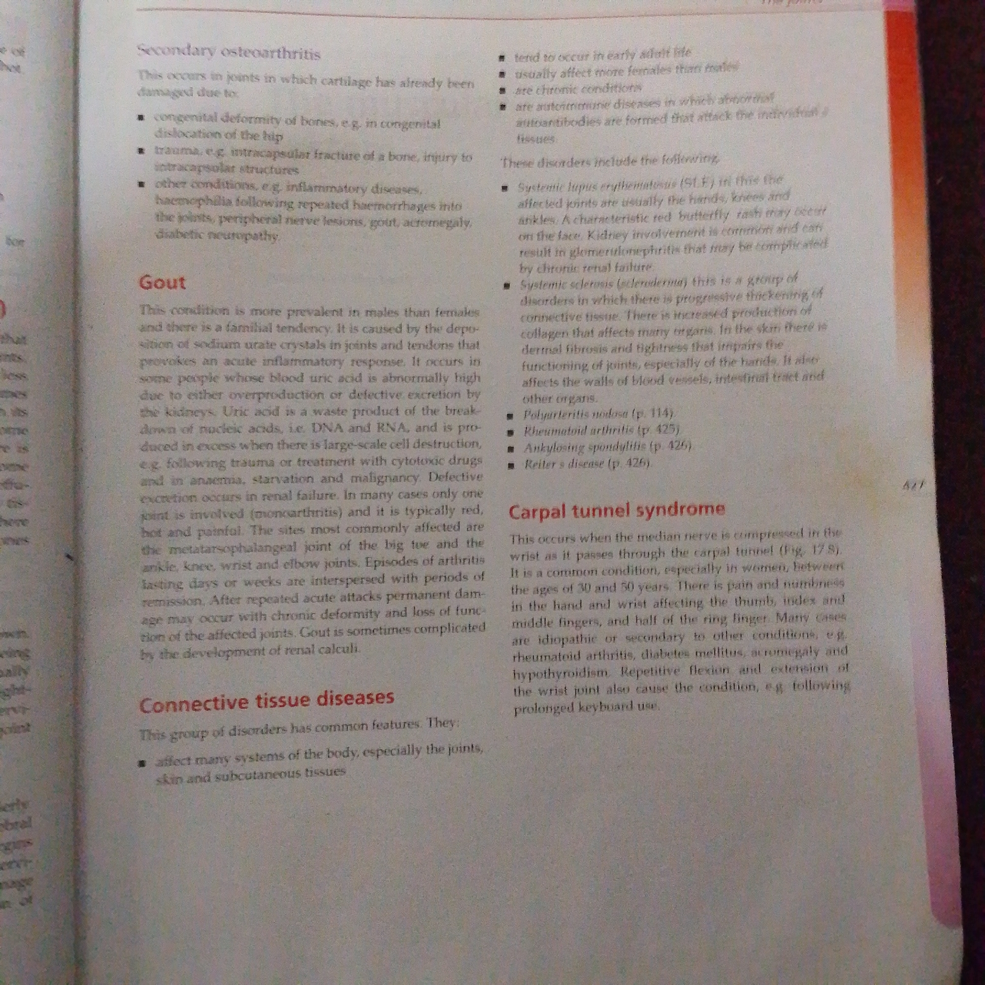 The image displays a page from a textbook, with various medical conditions related to joints and connective tissues discussed. The text is primarily in English, with some terms in italics. The page appears to be a reproduction of printed material, and it is not possible to determine its location in the city of Jalingo, Nigeria from the image content. There are no people, objects, actions, interactions, or environmental details that would suggest any specific location. The content of the image focuses on medical information.