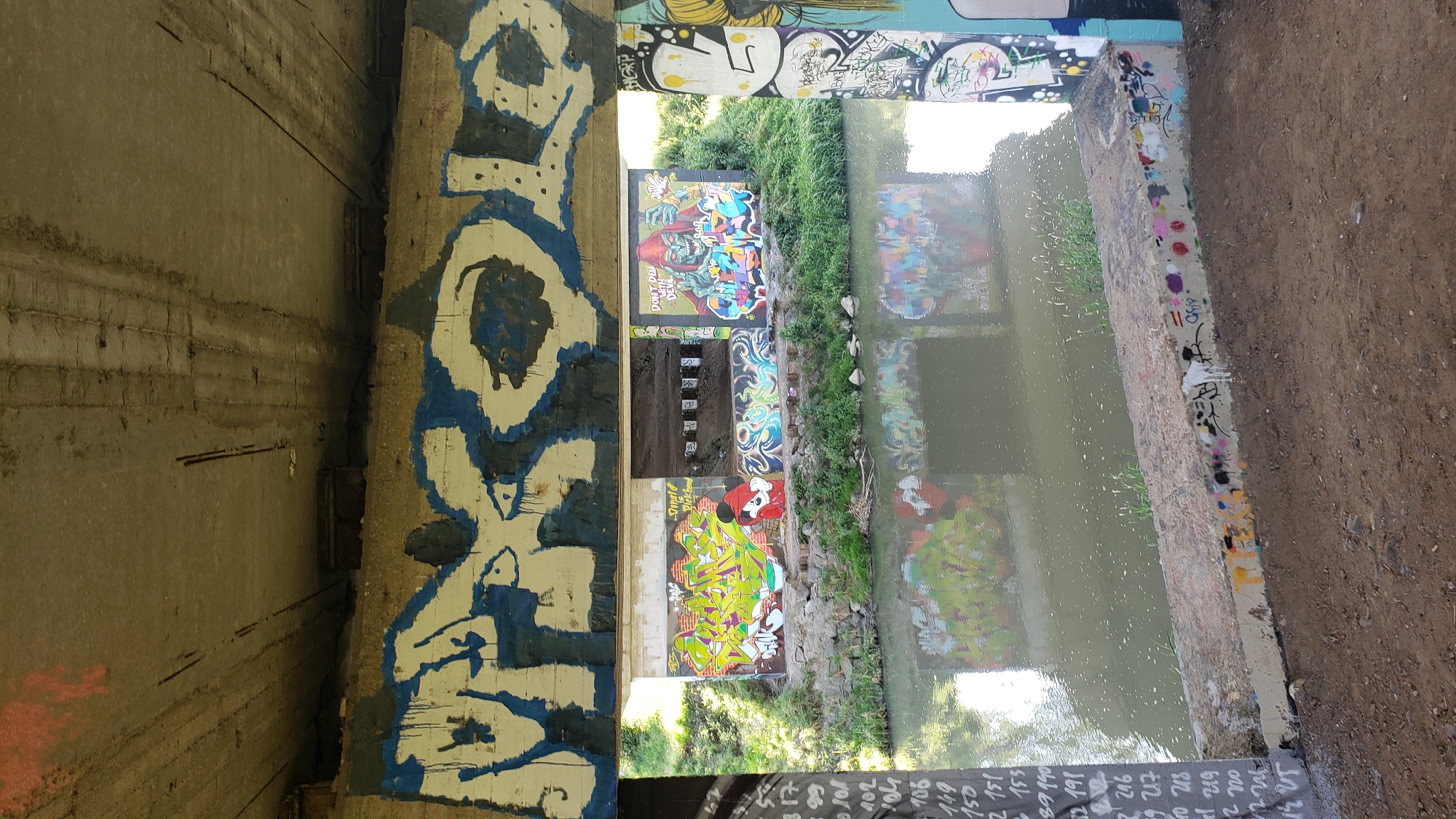 The image shows the underside of a concrete bridge, heavily adorned with graffiti. The bridge spans a body of water, likely a river or canal, which reflects the colorful artwork above. The graffiti is diverse, featuring tags, stylized lettering, and cartoonish figures. On the left side of the bridge's underside, large, abstract blue and white graffiti dominates the concrete beam. Below, on the bridge supports, a series of murals are visible. One mural depicts a cartoon character resembling Mickey Mouse in a red outfit, alongside brightly colored, complex lettering. Another features a green-skinned, menacing character with sharp teeth and a grim expression, holding a bottle, with the text "DON'T DEAL WITH DEVIL". The water below has some ripples and reflects the graffiti. The banks of the waterway are overgrown with green vegetation. To the far left, a concrete pillar is covered in vertical text and numbers, also in graffiti. The ground in the foreground is a mixture of dirt and small stones. The overall scene suggests an urban environment where public infrastructure has been transformed by street art. This location is the bridge over the Torysa river, near the industrial zone of Prešov, Slovakia.