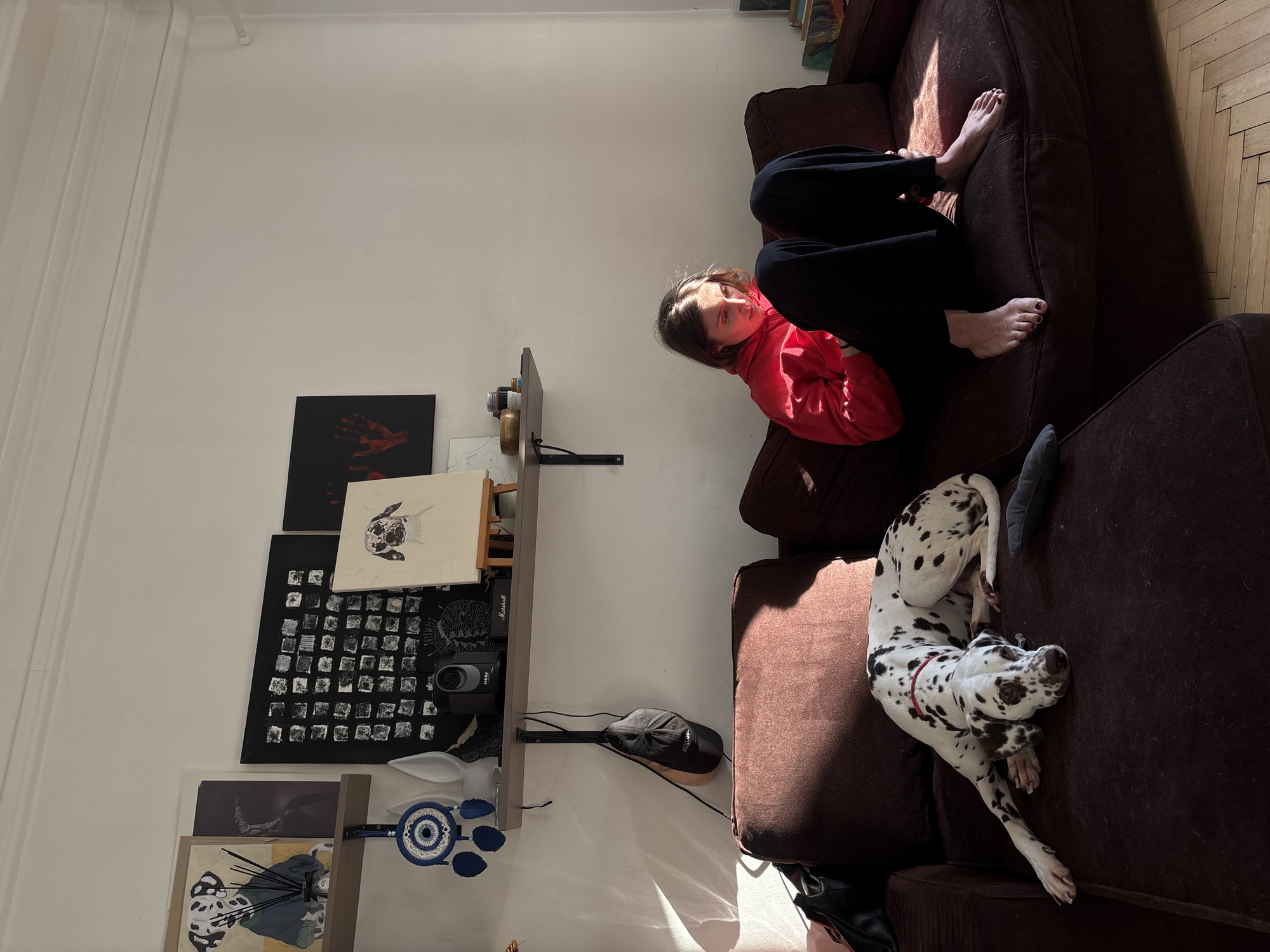 This image depicts an indoor domestic scene within a residence located in Moscow, Russia. A young adult female, wearing a red hooded sweatshirt and black pants, is seated barefoot on a dark brown sectional sofa. She is looking downwards, focused on a brightly lit object held in her hands, its light illuminating her face. To her left, a brown-spotted Dalmatian dog, wearing a red collar, is lying stretched out on the same sofa, resting its head on its paws and looking towards the viewer. The room features white walls with crown molding, and a strong beam of sunlight from an unseen window to the left casts distinct shadows across the wall and sofa. A wooden parquet floor is visible on the right. A multi-tiered shelf system is mounted on the wall above the sofa, displaying various items including framed artworks of Dalmatians, abstract paintings, a black canvas with red handprints, a 'Frisby' camera, a Marshall speaker, and a blue and white dreamcatcher. A black baseball cap hangs by its strap below the lower shelf.