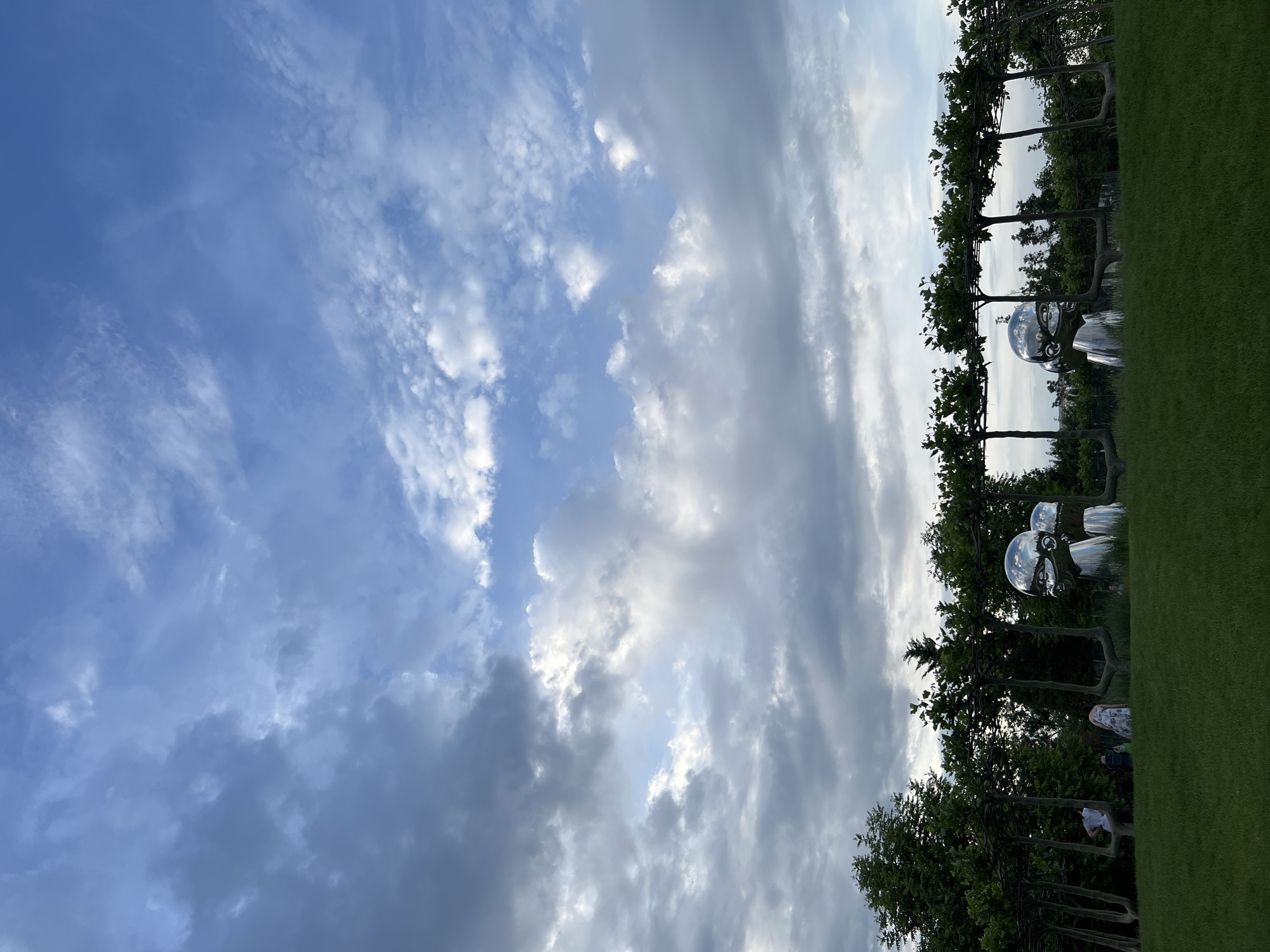 The image depicts an outdoor scene in what appears to be a landscaped park or garden under a dynamic sky. The sky features patches of clear blue interspersed with various cloud formations, ranging from wispy, high-altitude clouds to denser, grey cumulus clouds, suggesting a partially cloudy late afternoon or early evening.
A line of distinctively cultivated trees with gnarled trunks and trained, horizontal branches runs across the mid-ground. These trees are sparsely foliated with green leaves. In the foreground and extending into the mid-ground, there is a expanse of neatly manicured green grass.
Several large, reflective spherical objects, likely modern sculptures or art installations, are situated among the trees and on the grass. These spheres mirror the sky and surroundings, with one prominent sphere visible on the right side of the frame. A few people are visible in the background, near the trees and sculptures, seemingly enjoying the outdoor environment, though their specific activities are not clearly discernible.
The scene conveys a peaceful and artistic atmosphere. No visible text is present in the image. The location is Krasnodar, Russia.