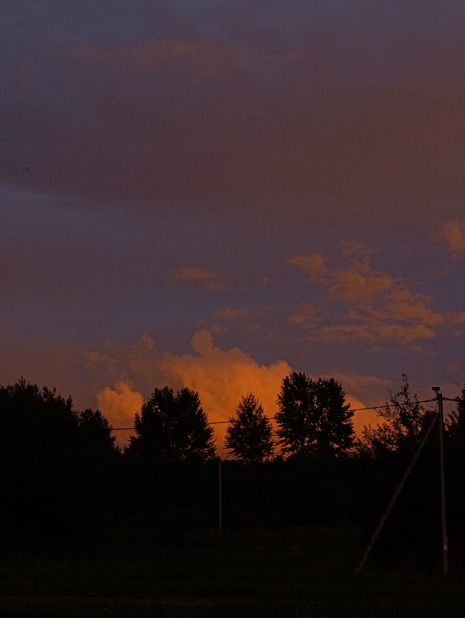 The image depicts a silhouetted treeline against a twilight sky. The sky displays hues of deep purple and orange, with patches of illuminated clouds. In the foreground, the dark shapes of trees and vegetation are visible. A utility pole with wires crosses the scene on the right side. The overall impression is that of a rural or semi-rural landscape at dusk, with no specific landmarks identifiable that would place it definitively within the city of Minsk, Belarus. There are no people, animals, or active events captured in the photograph.