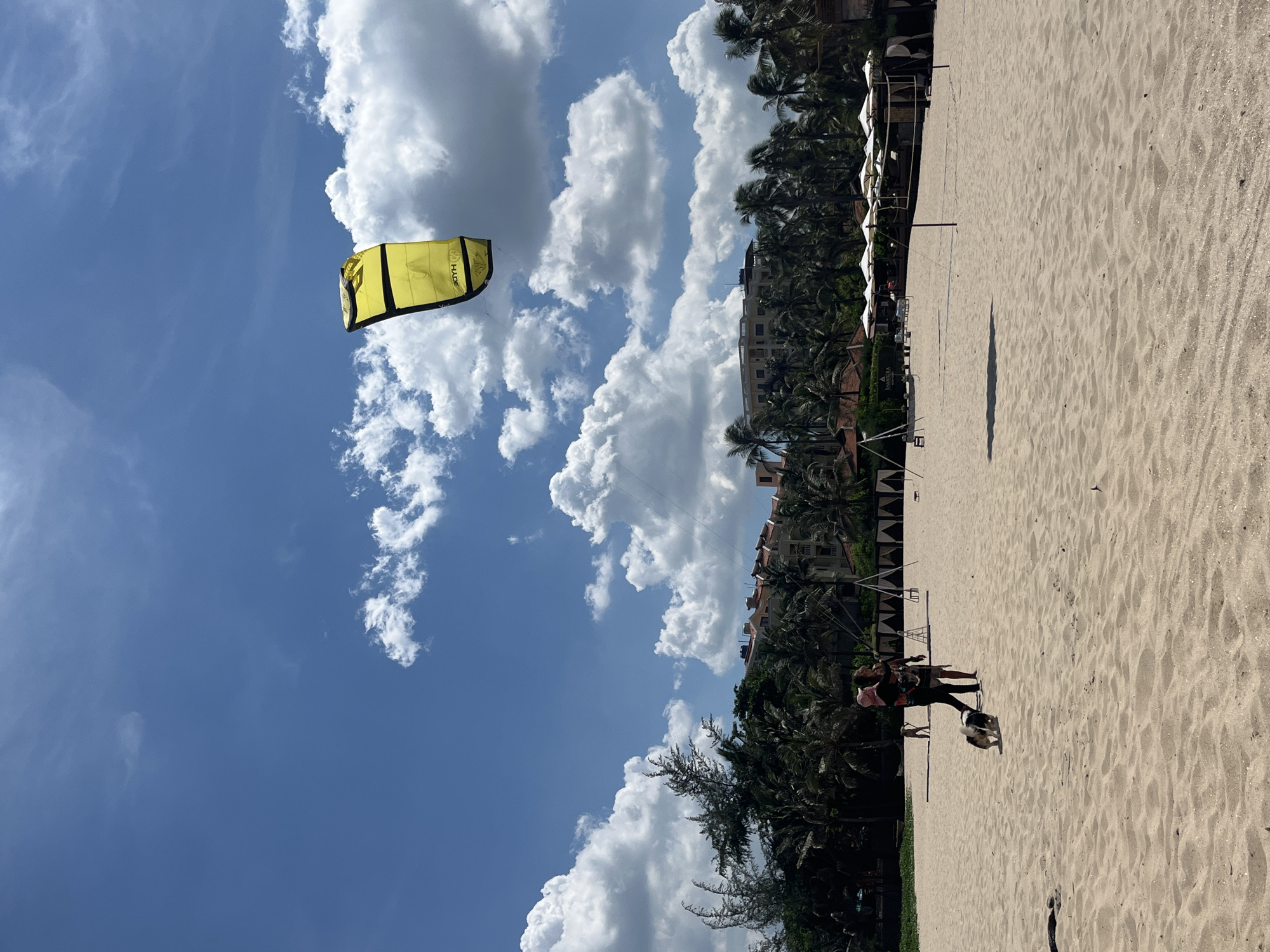 The image depicts a sandy beach on a bright, sunny day with a clear blue sky dotted with fluffy white clouds. In the upper right portion of the sky, a yellow kite with black accents is visible, tethered by thin lines. In the middle ground, several people are walking on the beach. Two individuals, one wearing a pink hat, are walking together, followed closely by a small black and white dog. Further back, a person appears to be walking a dog. Beyond the beach, a line of palm trees and other tropical foliage is visible, behind which are buildings, likely hotels or resorts, with beige and white facades. White umbrellas are set up in front of these buildings, suggesting an area for relaxation or dining. A volleyball net is also set up on the sand in the lower right portion of the image. The scene appears to be at a resort or recreational area. Given the context of Phu Thuy Ward, Vietnam, this is likely a coastal resort area.