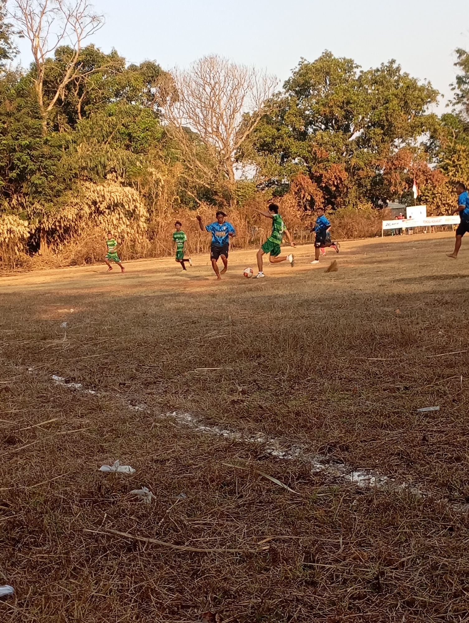 In the outdoor, natural setting of a dry, grassy field in Kecamatan Haurgeulis, Indonesia, several young males are engaged in a soccer game. The field is marked with a white line running diagonally across the foreground. In the middle ground, a player in a green and white striped jersey kicks a white soccer ball. To his right, another player in a blue jersey runs. Further back, two more players in green and white jerseys are visible. The background is filled with a dense line of trees and vegetation under a clear sky. A white banner with text is visible behind the players on the right side of the field.