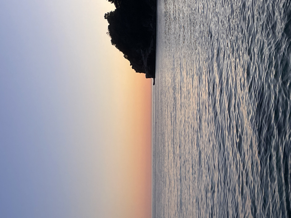 The image depicts a coastal scene within the city of Budva, Montenegro, likely during either sunrise or sunset. The upper half of the frame shows a gradient sky, transitioning from a light blue at the top to a soft orange and pink hue near the horizon line. No clouds are visible. The lower half is dominated by calm water, characterized by gentle, undulating ripples that reflect the sky's coloration, displaying tones of blue, purple, and orange. In the mid-distance on the left-center, two small, dark, indistinct objects are visible on the water's surface, their identity not discernible. A dark, heavily vegetated headland or small island is silhouetted against the colorful sky on the right side of the frame, extending from the mid-horizontal line to the right edge. Its profile reveals irregular rocky formations and a dense covering of trees or shrubs. No people, structures, or definitive actions or interactions are visible within the scene.