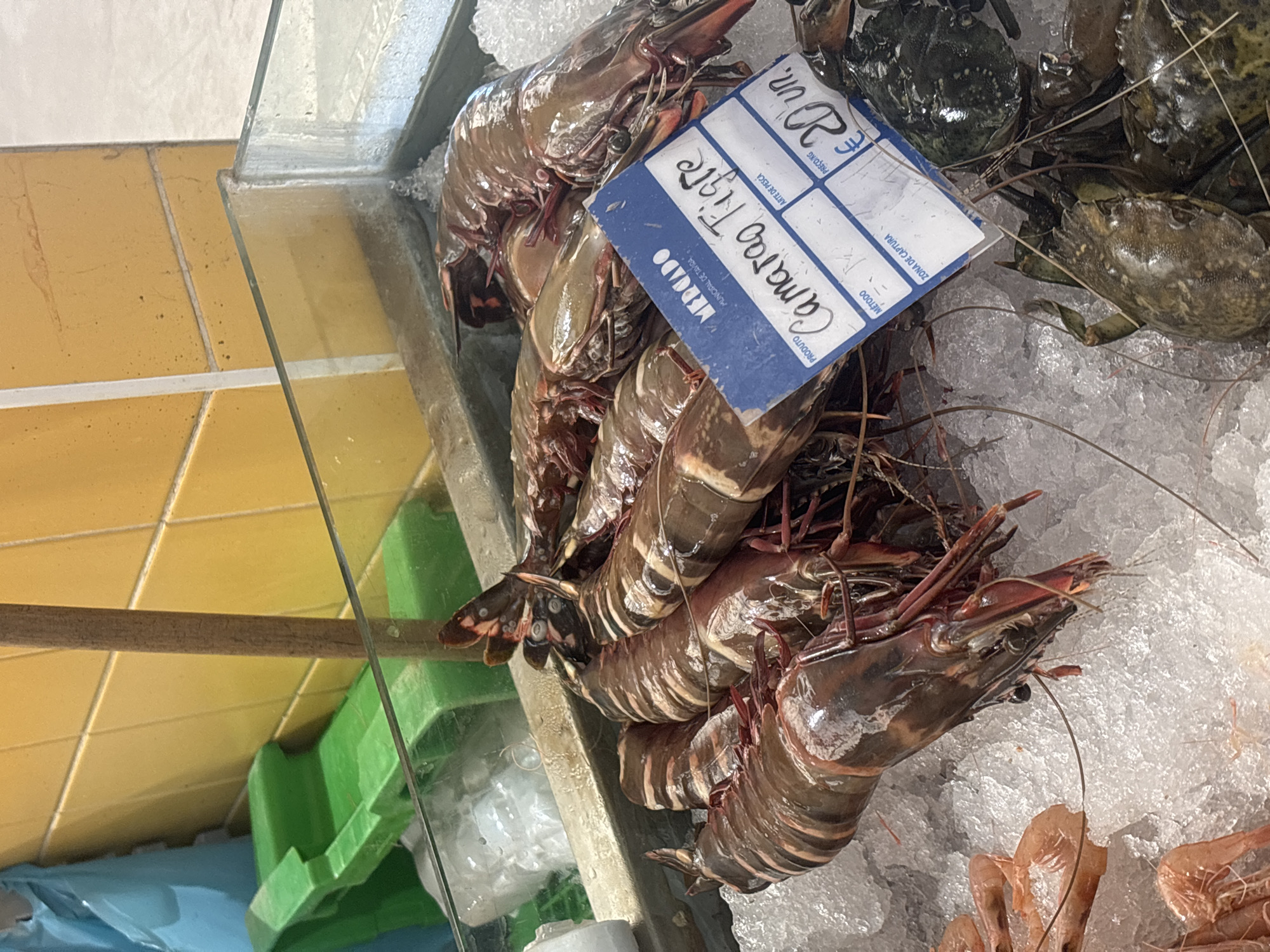 The image shows a close-up of large tiger prawns and some crabs on ice within a display case at a market. A blue price tag is visible, with handwritten text that includes "Camarao Tigre" (Tiger Prawn), "€ 20 un." (20 Euros per unit), and "MERCADO MUNICIPAL DE TAVIRA" (Tavira Municipal Market). The background features yellow tiled walls and a green plastic container. The scene is a typical market stall offering fresh seafood in Tavira, Portugal.