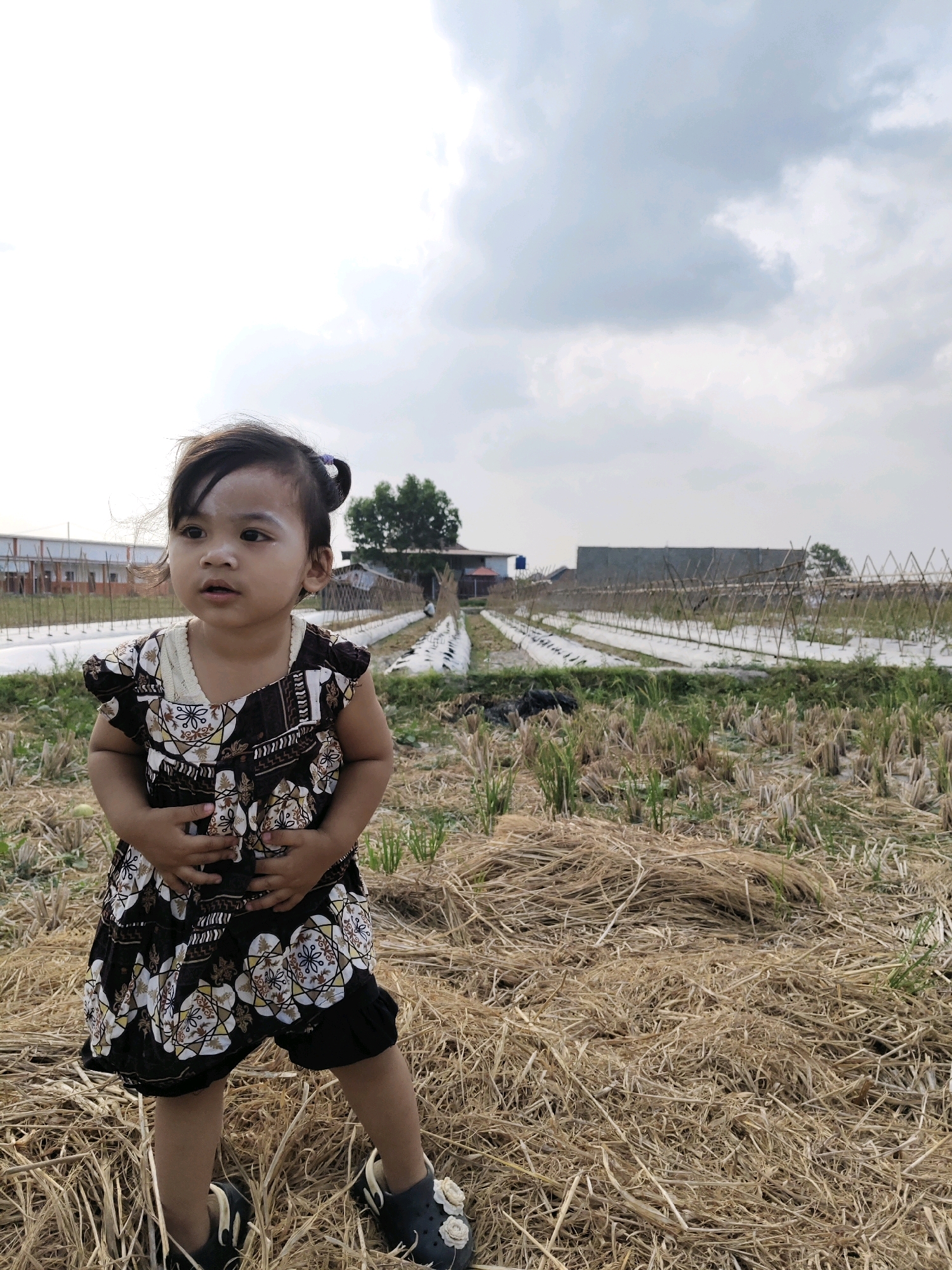 A young child, a girl with dark hair pulled into a ponytail, stands in a field of dry grass. She is wearing a dark sleeveless dress with a white and brown floral pattern, and dark shoes with light soles and floral embellishments. The child's hands are placed on her stomach. Behind her, the field continues with rows of white plastic sheeting supported by bamboo poles, suggesting agricultural activity. In the distance, buildings and a treeline are visible under a cloudy sky. The location is identified as a farm in Fajar Baru, Indonesia.