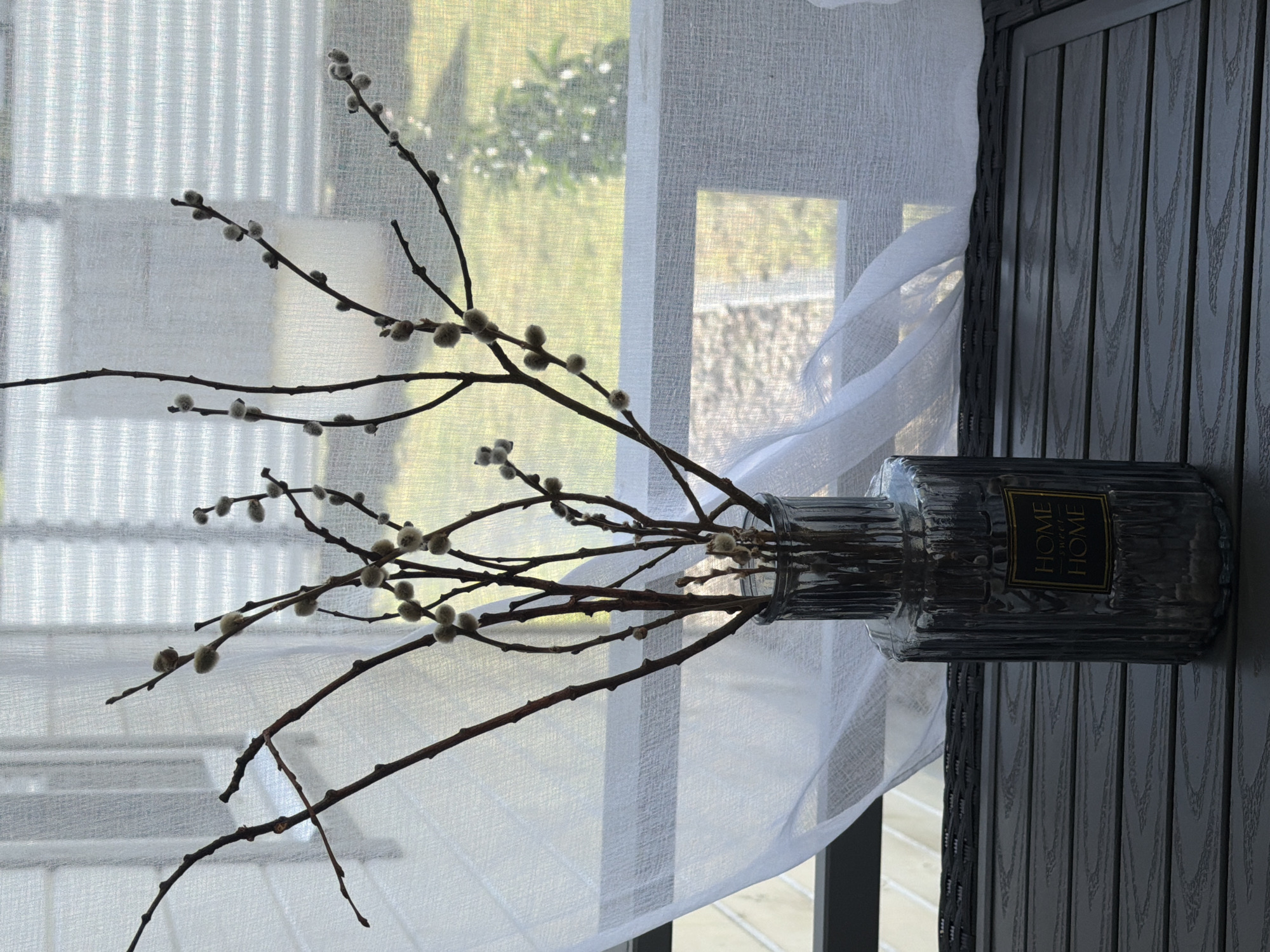 A still life photograph features a glass vase filled with pussy willow branches. The vase is ribbed and dark gray with a gold label that reads "HOME SWEET HOME". It sits on a dark, slatted surface, possibly a table. Behind the vase, sheer white curtains are drawn, and through them, a sunlit outdoor scene is visible, with green grass and a distant tree. The overall impression is one of domestic tranquility. The location of Алешкино Дп, Russia is not discernible from the image itself.