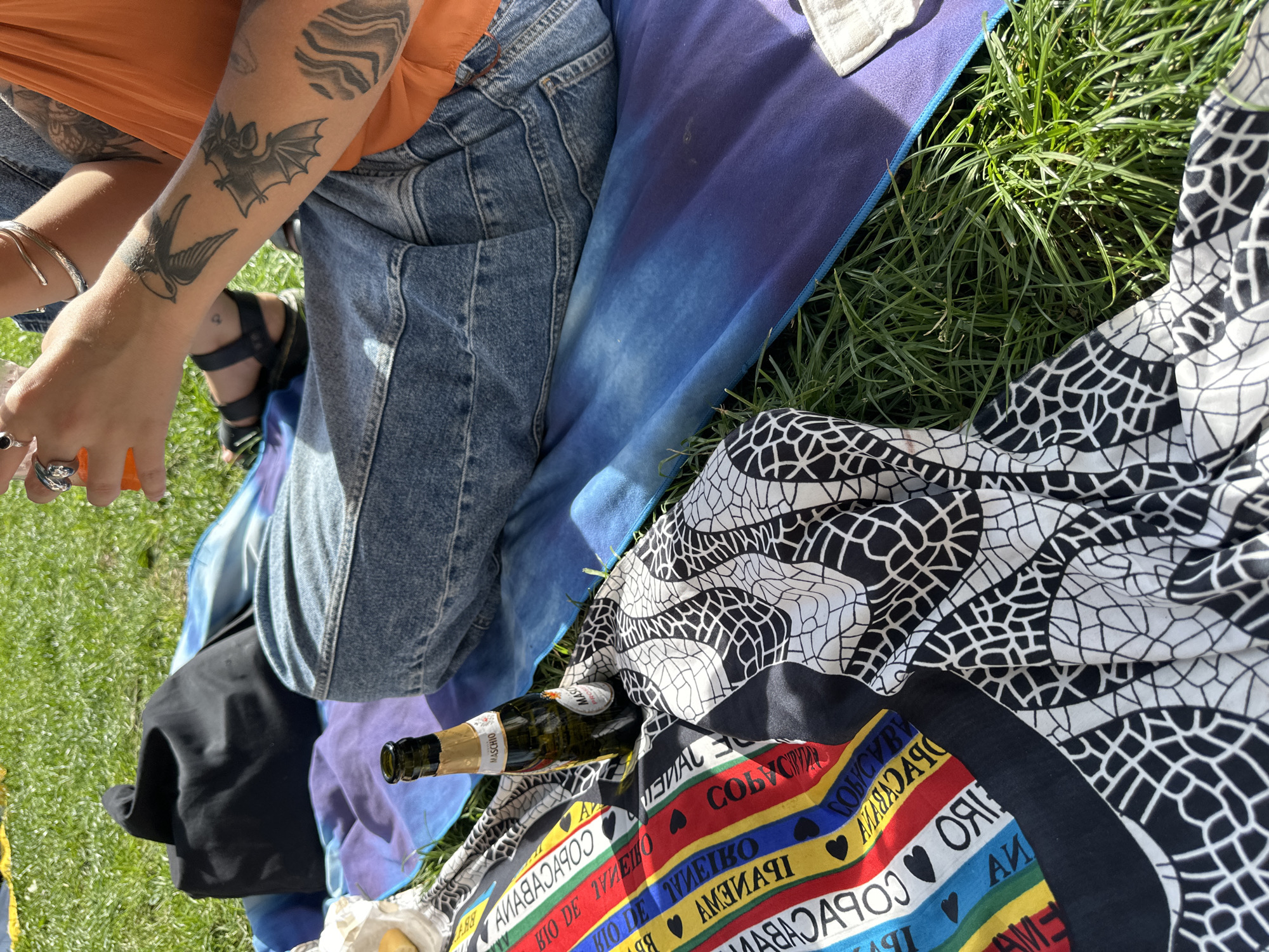 The scene appears to be a casual outdoor gathering. A person with tattoos on their arm, wearing jeans and an orange shirt, is sitting on a blue and purple tie-dye blanket. Beside them is a scarf with a black and white geometric pattern and another scarf with colorful stripes bearing text, including the word "Copacabana." A bottle of Maschio Prosecco wine is also visible. The setting is on a patch of green grass, suggesting a park or similar open space. There's no explicit indication that the scene is in Milan, Italy.