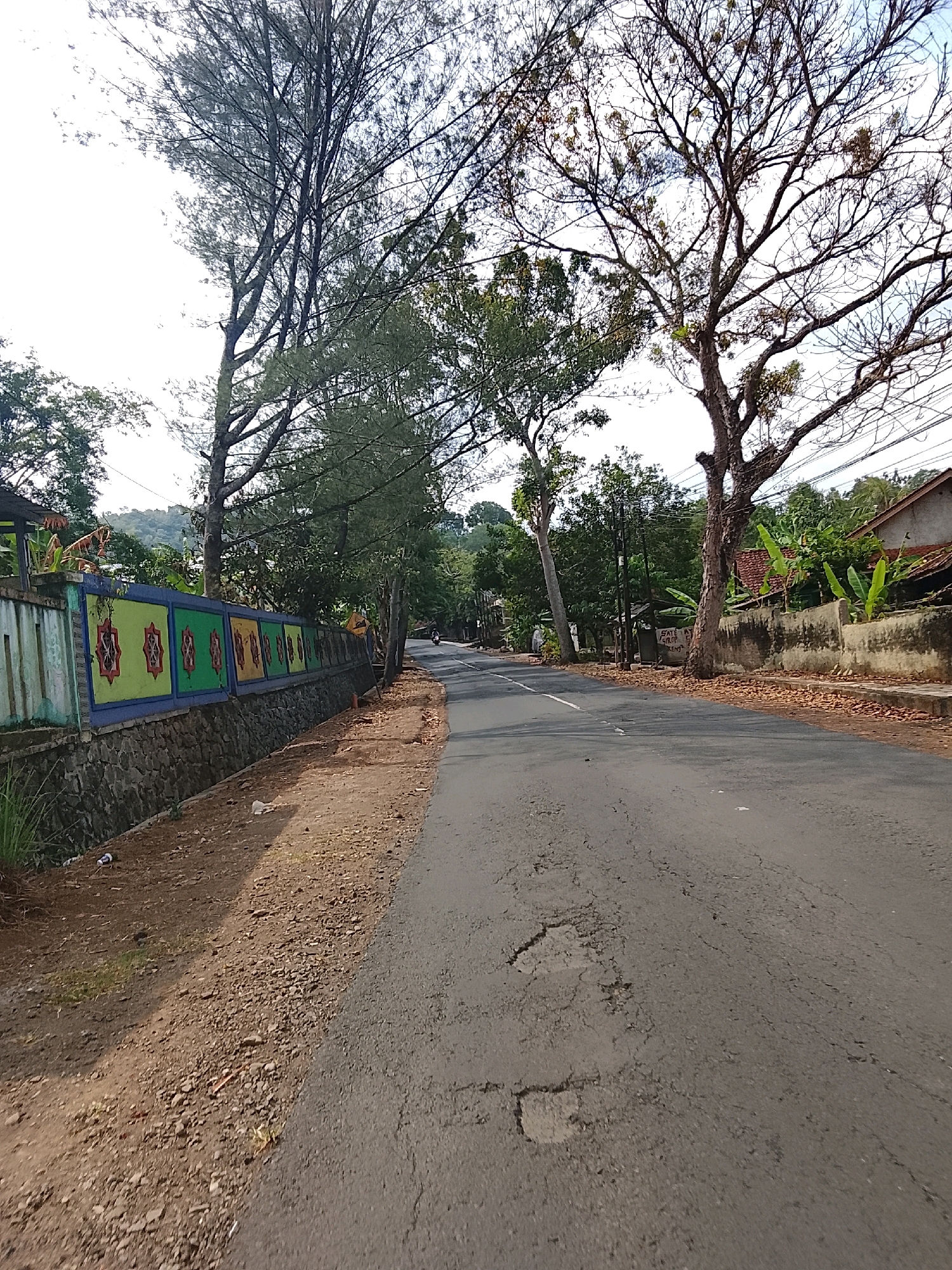 The image depicts a street scene in Banjar, Indonesia. The road, which appears to be paved with asphalt, shows signs of wear and tear with noticeable potholes and cracks, particularly in the foreground. To the left of the road, a stone wall borders a dirt and gravel embankment, partially covered with sparse vegetation. Above the stone wall, a colorful mural is painted on a fence, featuring repeating geometric patterns in shades of green, yellow, and red, outlined in blue. Tall trees with sparse foliage line the left side of the road, their branches reaching towards a bright sky. On the right side of the road, there is a similar embankment with a stone or concrete wall, beyond which lie houses with tiled roofs and banana trees. A motorcycle is visible in the distance on the right side of the road, heading away from the viewer. The overall environment suggests a rural or semi-urban setting with a warm, possibly tropical climate, indicated by the lush vegetation and the bright sunlight casting shadows.
