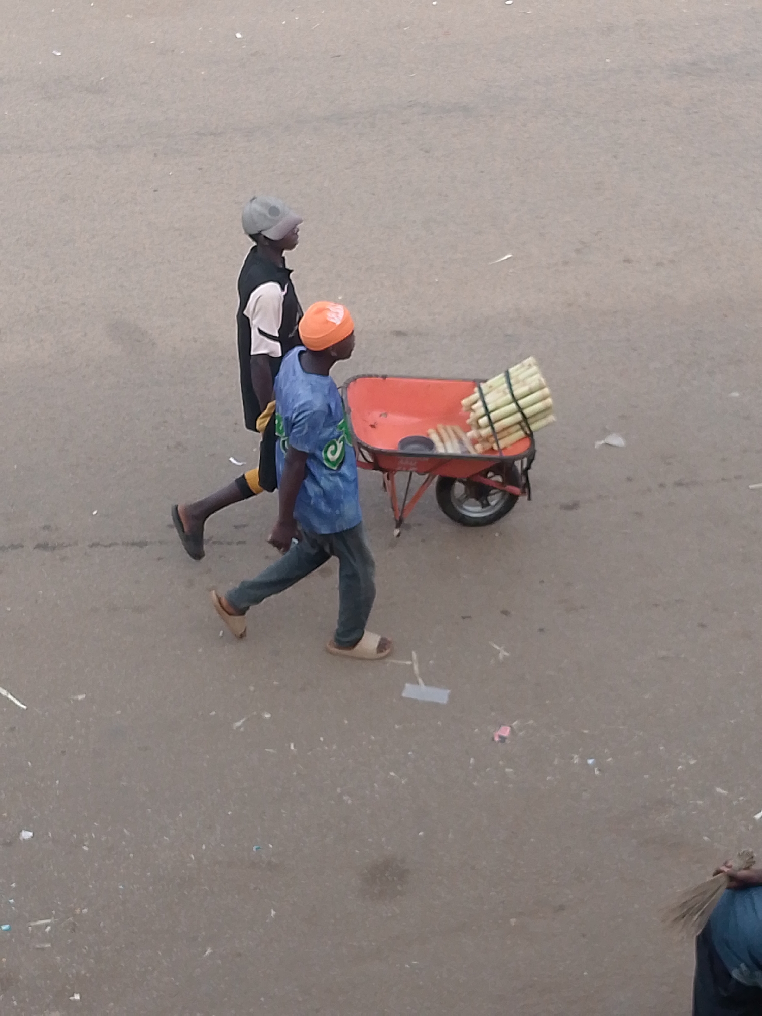 Two young males are walking on a paved surface in Bukuru, Nigeria, likely a street or market area. The male in the foreground is wearing a blue t-shirt with green accents on the back, grey pants, and tan sandals. He is pushing a red wheelbarrow laden with bundles of sugar cane. The male behind him, wearing a black vest over a white t-shirt and a grey baseball cap, appears to be walking alongside him. The environment is an open, outdoor space with a grey, textured ground surface strewn with small pieces of debris, suggesting a typical urban setting.