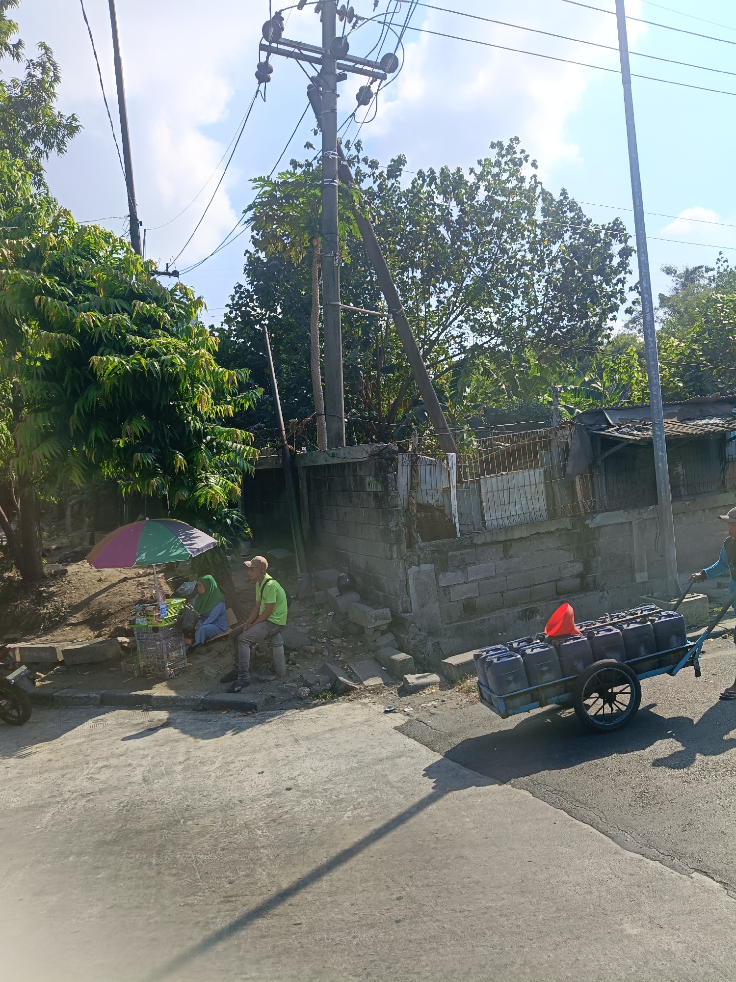 In the city of Kedungrejo, Indonesia, on a sunny day, two individuals are seated under a multicolored umbrella by the roadside. One, wearing a headscarf, sits to the left, while the other, a man in a green shirt and cap, sits to the right. In front of them are stacks of plastic baskets. A cart laden with multiple blue plastic containers, topped with a red cone-shaped object, is being pushed along the road by another person, whose full attire is not visible. The scene is characterized by a mix of natural elements, including lush green trees, and man-made structures such as a concrete wall, a corrugated metal roofed building, and utility poles with overhead wires. The road surface appears to be asphalt and concrete.